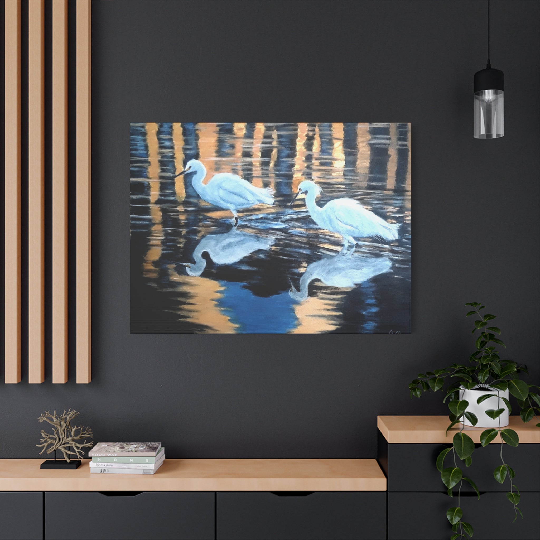 Egrets Reflections at Dusk Painted by Studio Blitz Canvas Wall Decor