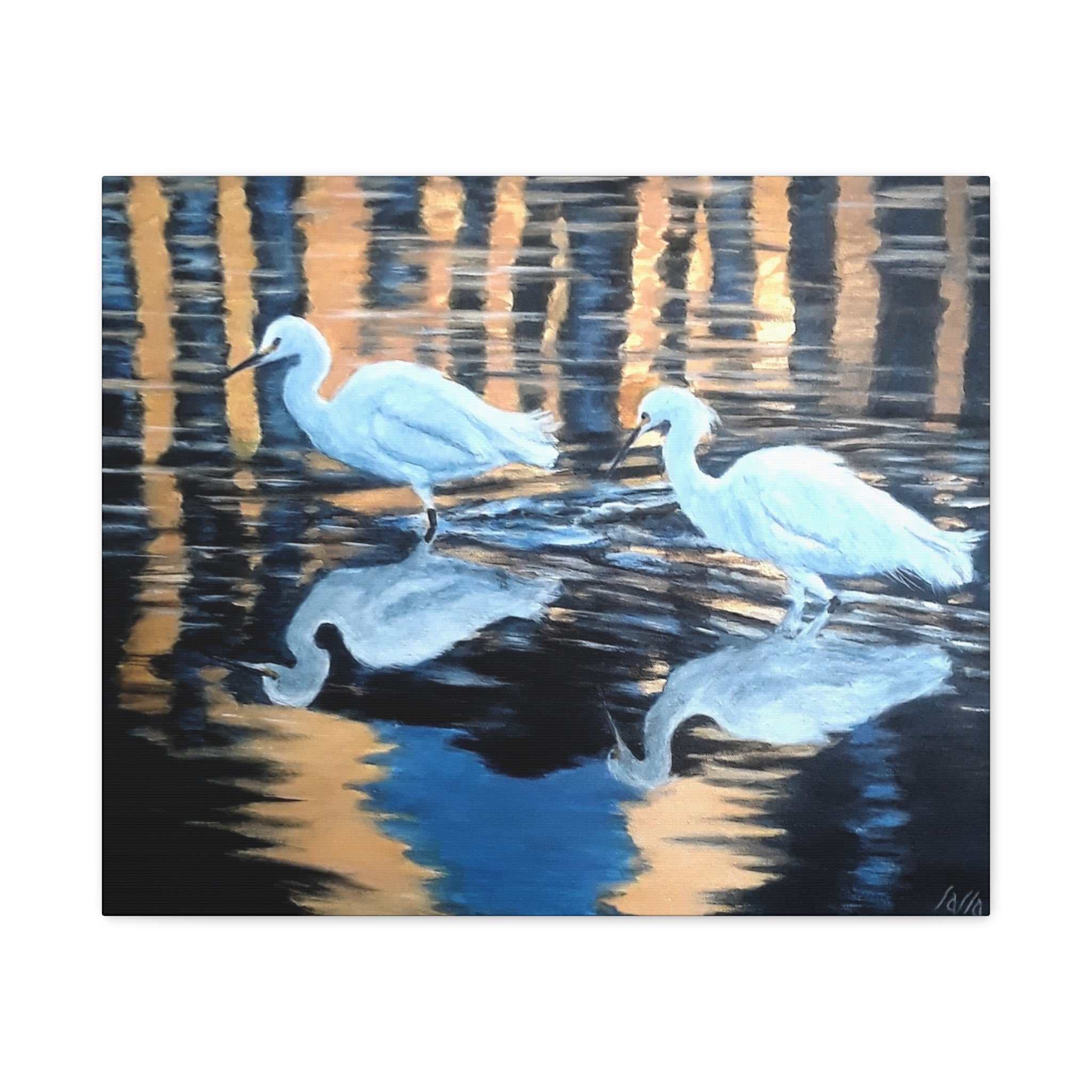 Egrets Reflections at Dusk Painted by Studio Blitz Canvas Wall Decor