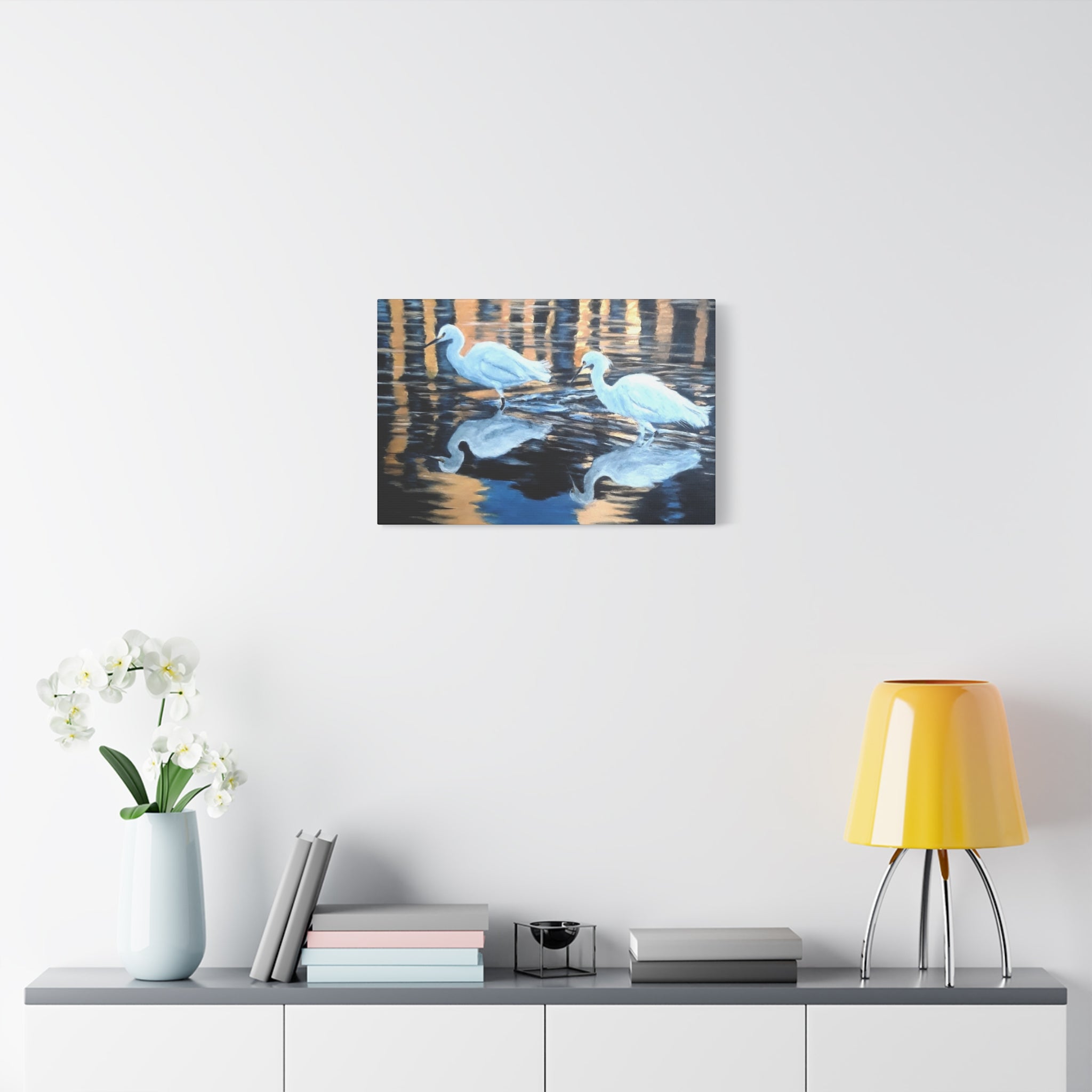 Egrets Reflections at Dusk Painted by Studio Blitz Canvas Wall Decor