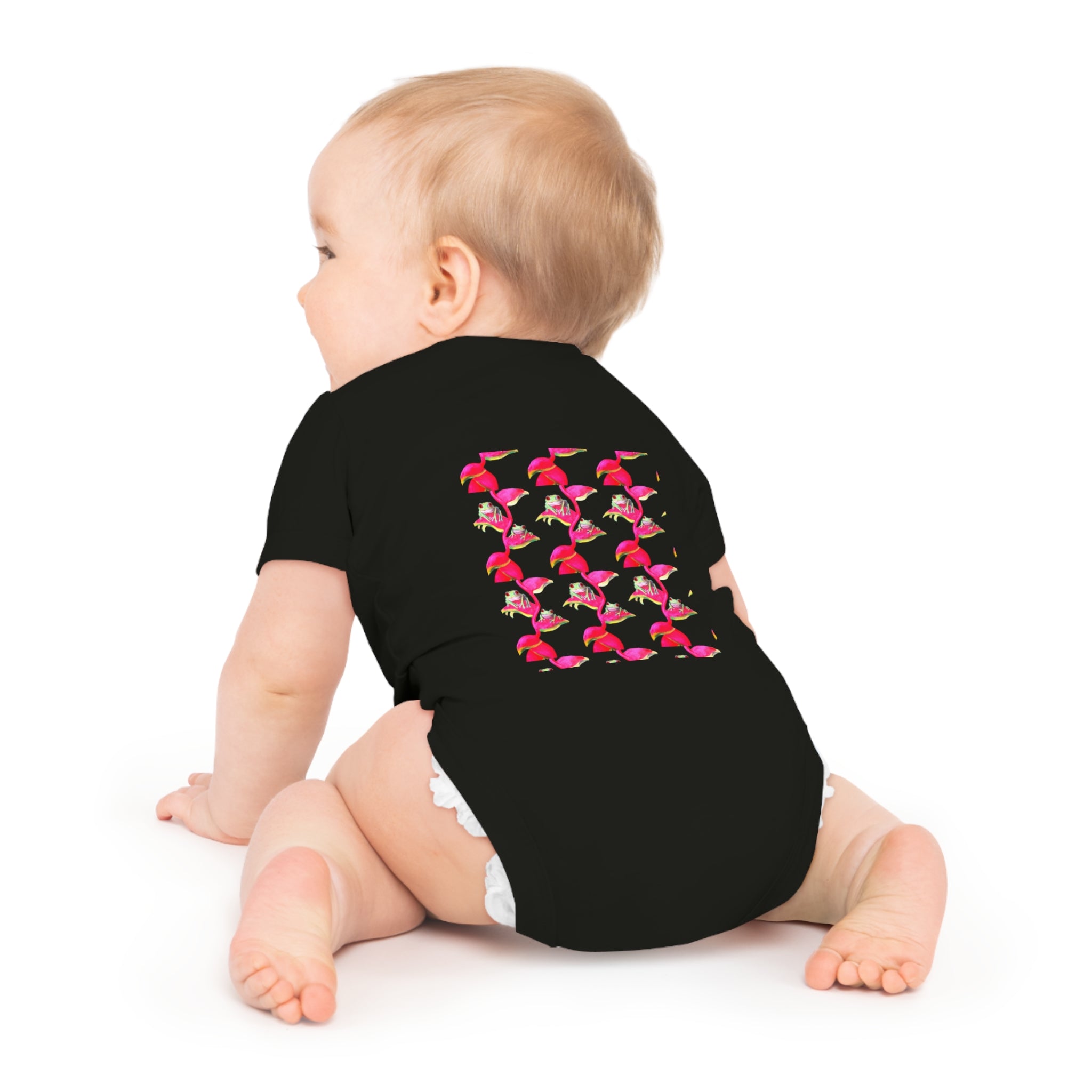 Cute Baby Bodysuit adorned with Tiny Tropical Frogs