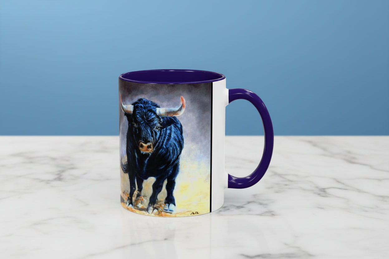 Mug with a painted charging bull design on a 11 oz. size