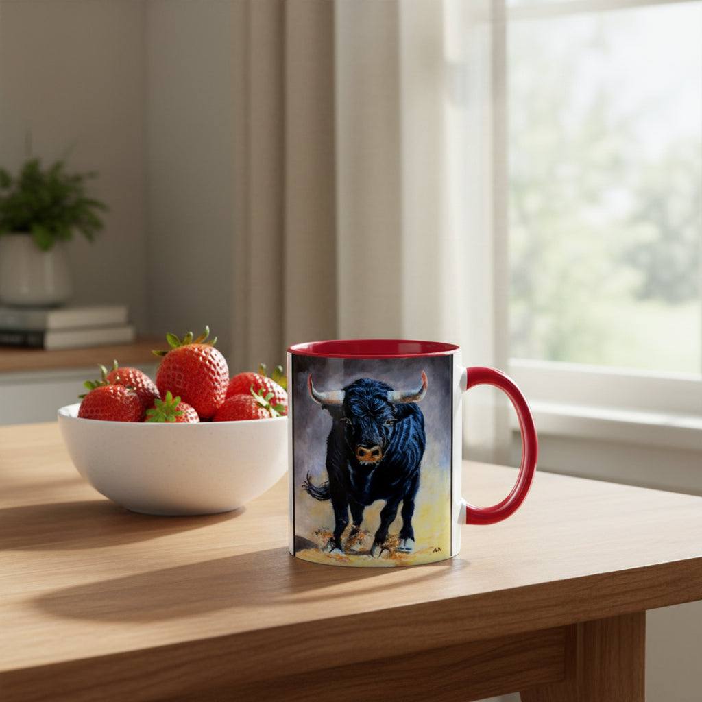 Mug with an artist painted charging bull design on 11 oz size with red interior and handle