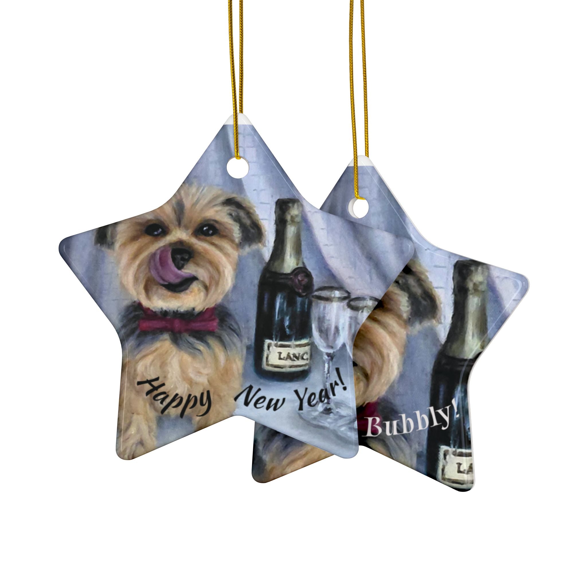 Yorkie 'Pop the Bubbly' Ceramic Ornament – Double-Sided New Year Dog Keepsake