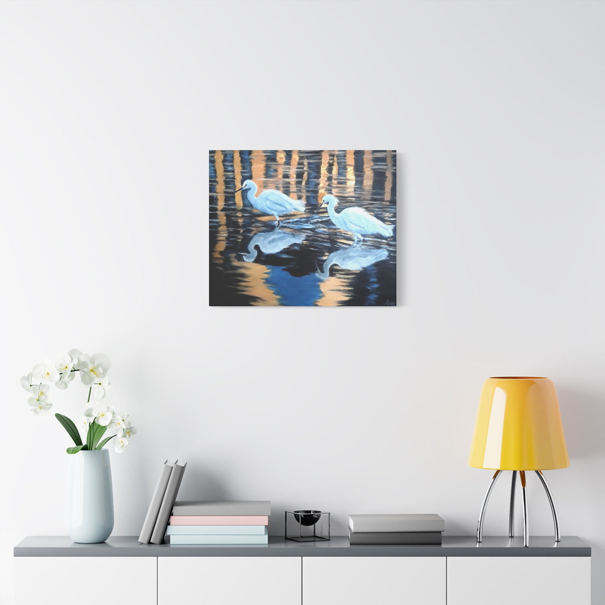Egrets Reflections at Dusk Painted by Studio Blitz Canvas Wall Decor
