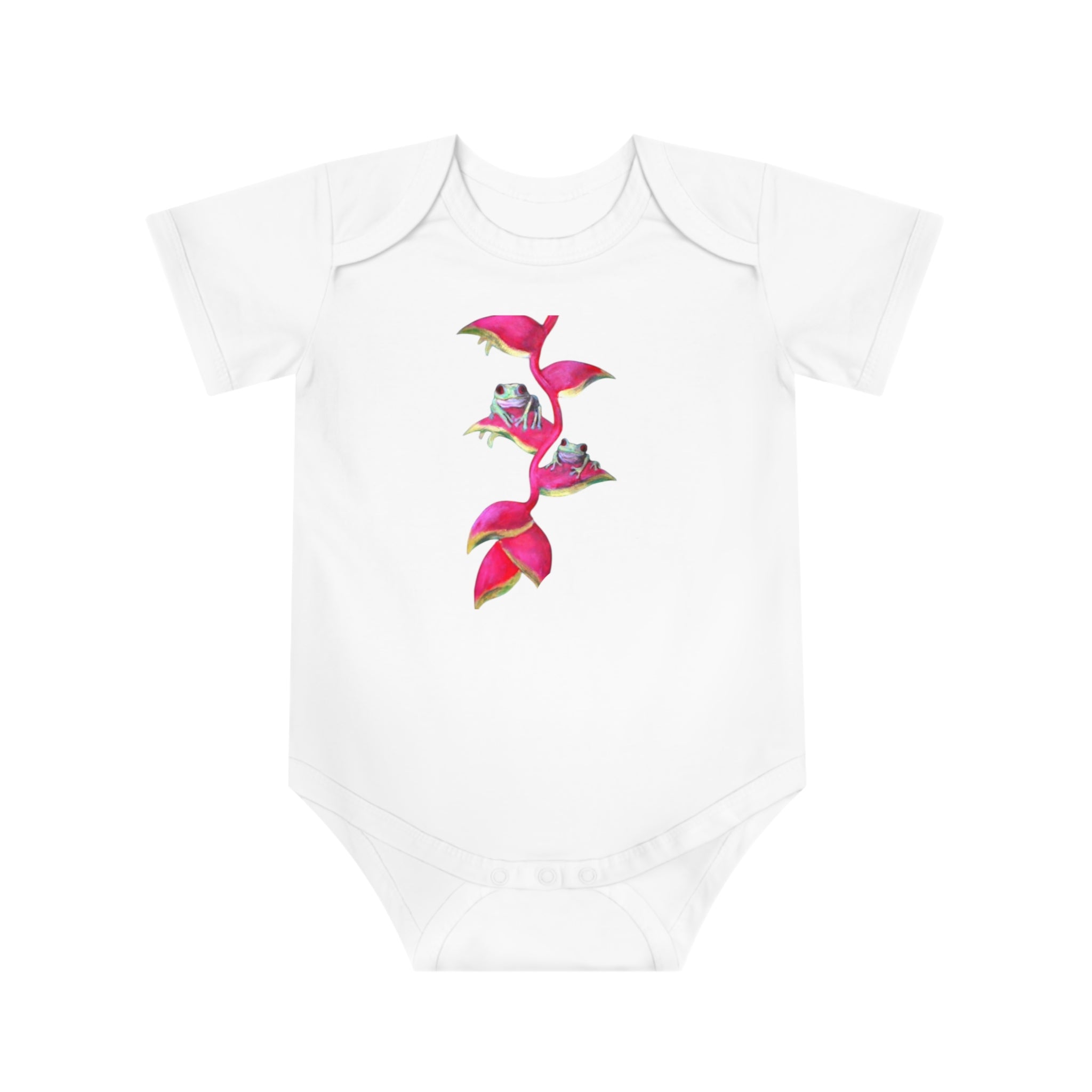 Cute Baby Bodysuit adorned with Tiny Tropical Frogs