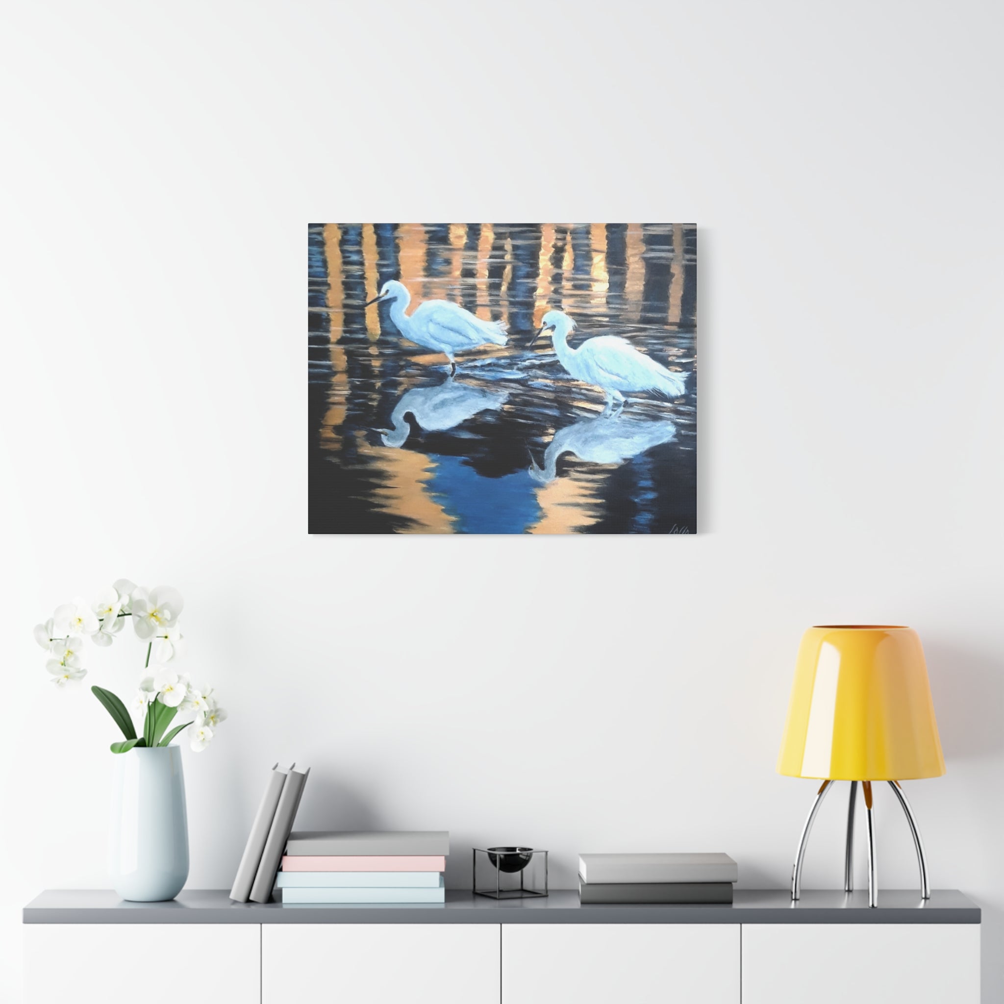 Egrets Reflections at Dusk Painted by Studio Blitz Canvas Wall Decor