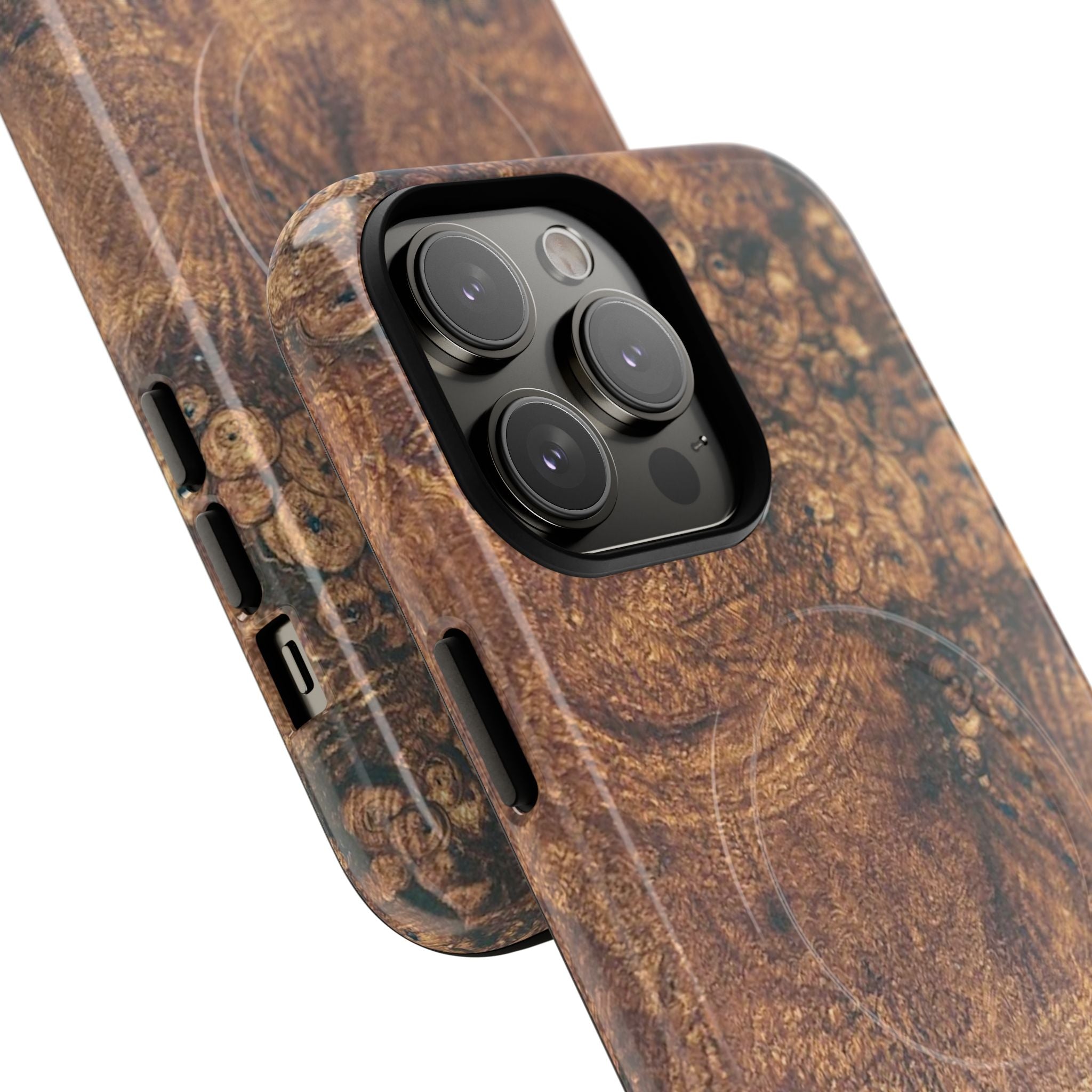 Durable Magnetic Phone Case with Unique Burl Wood Art Design by Studio Blitz that will make people take notice.
