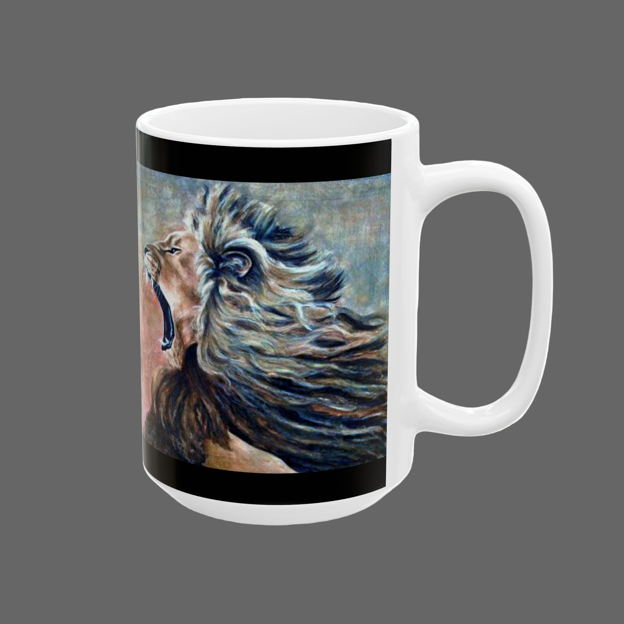 Mug with a lion design on a dark gray background