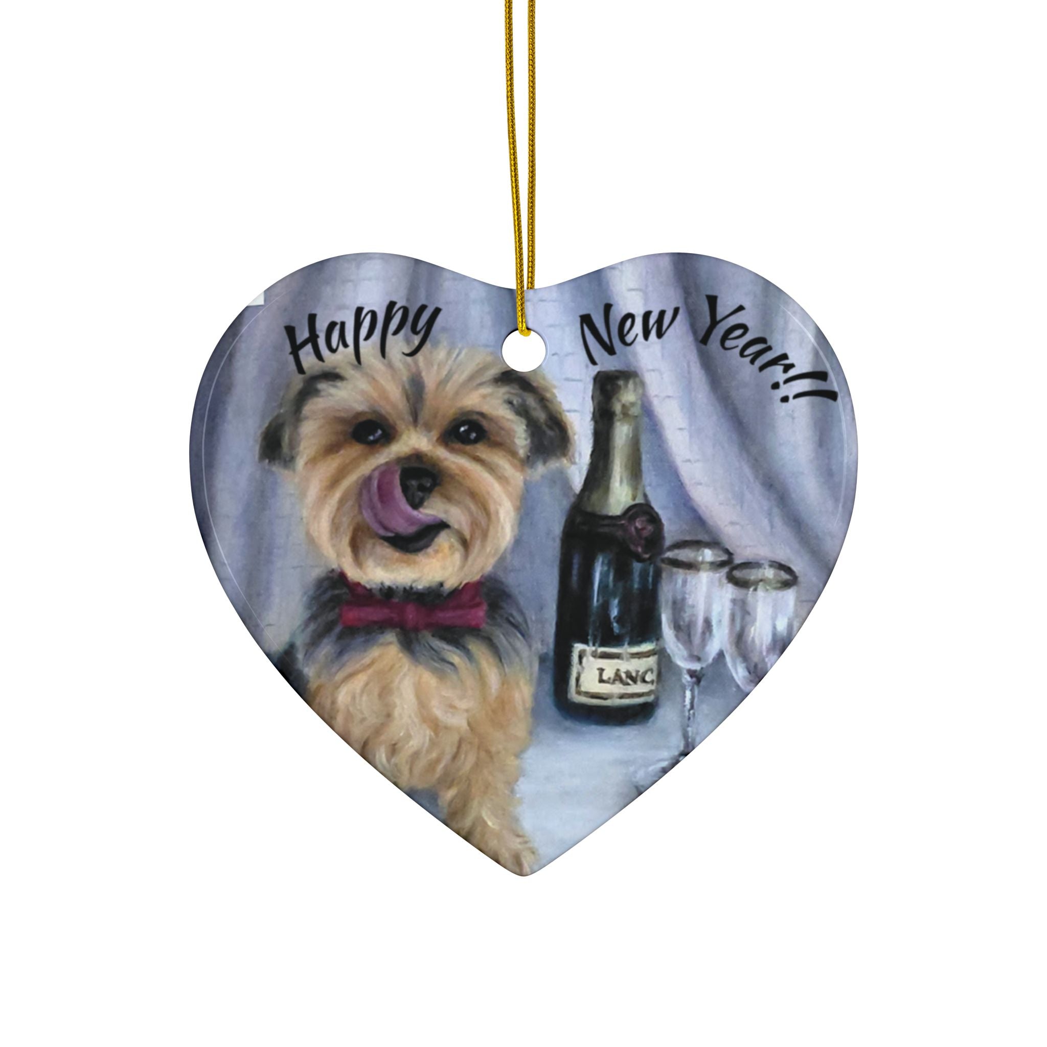 Yorkie 'Pop the Bubbly' Ceramic Ornament – Double-Sided New Year Dog Keepsake
