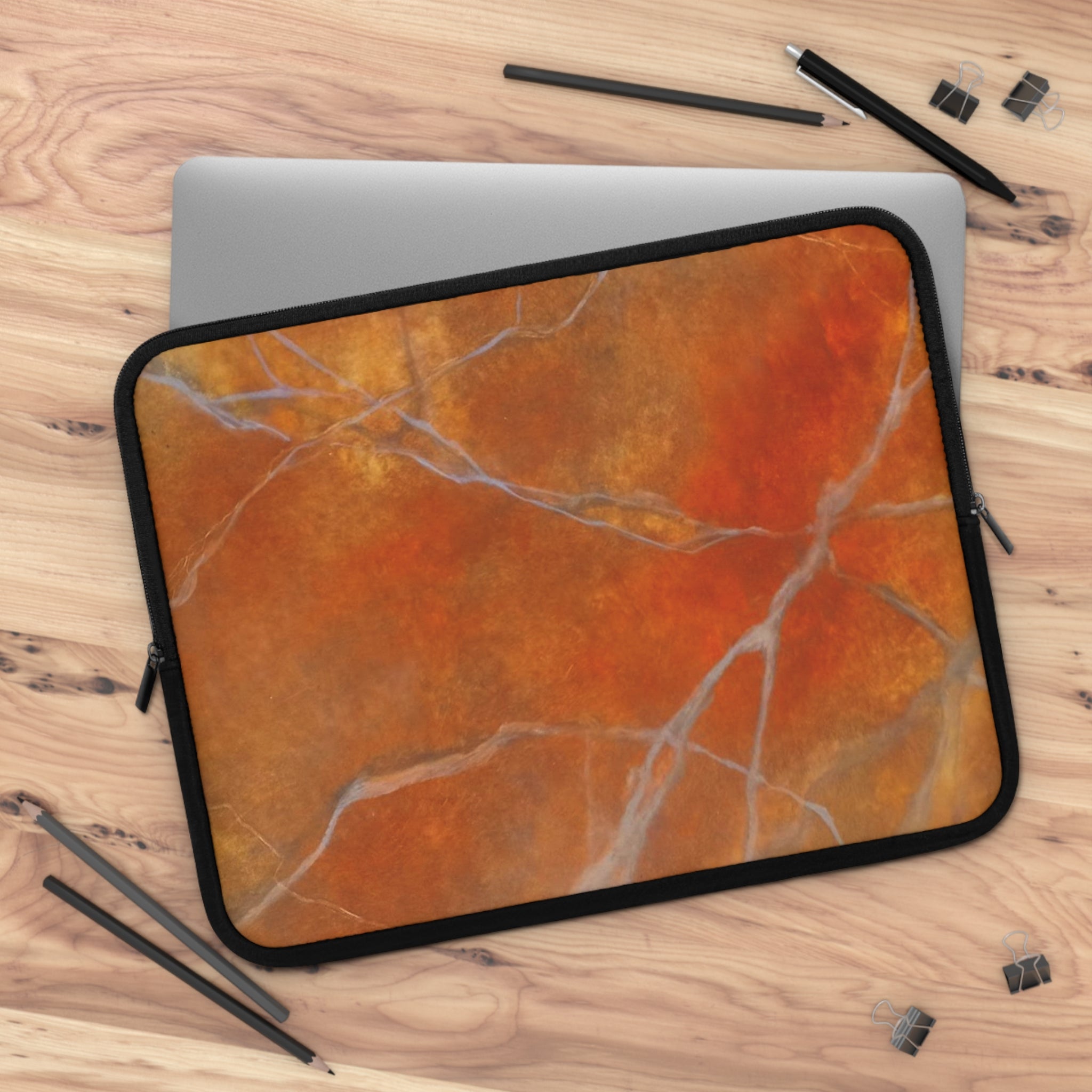 Stylish Laptop Sleeve in Red/Orange Modern Marble Design by Studio Blitz