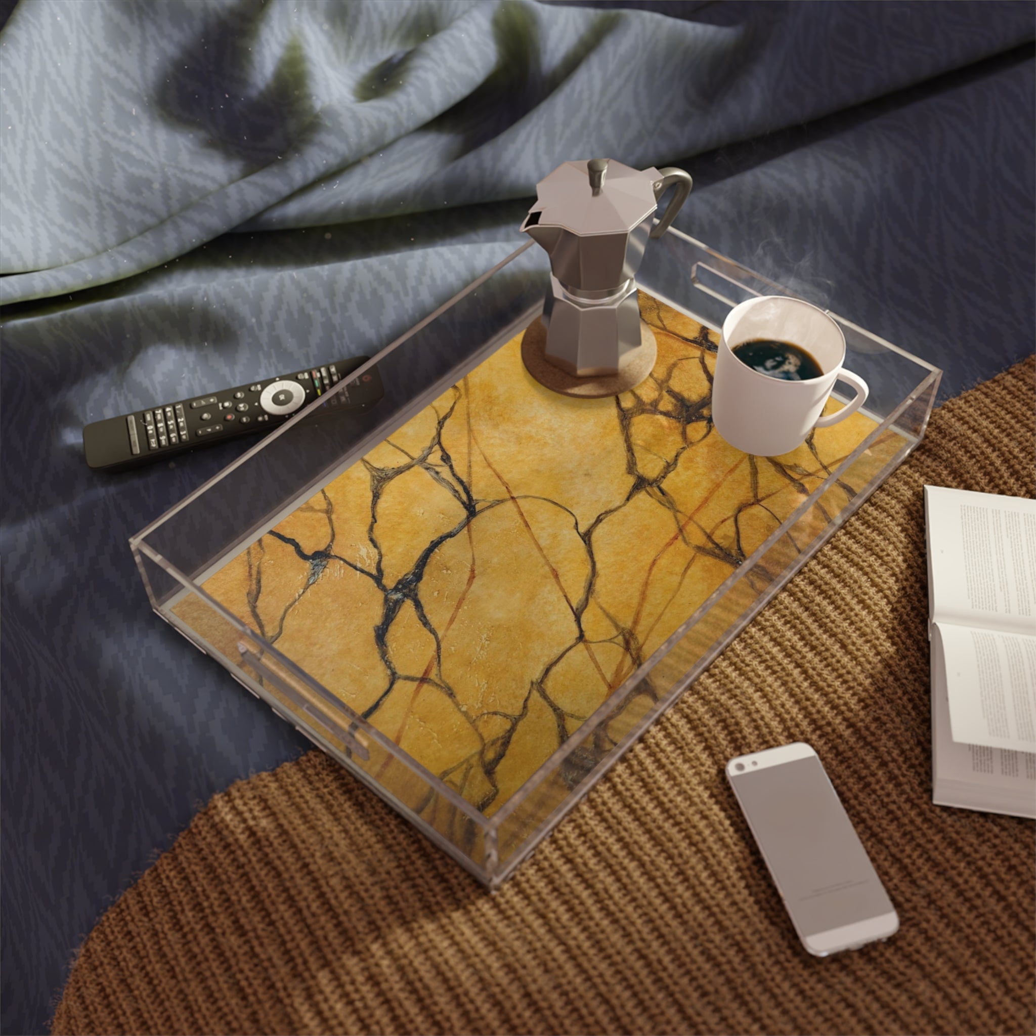 Very Attractive Acrylic Serving Tray Featuring a Gold Marble Art Design by Studio Blitz