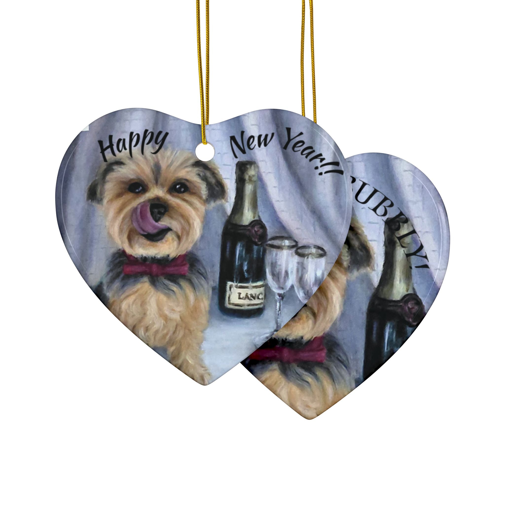 Yorkie 'Pop the Bubbly' Ceramic Ornament – Double-Sided New Year Dog Keepsake