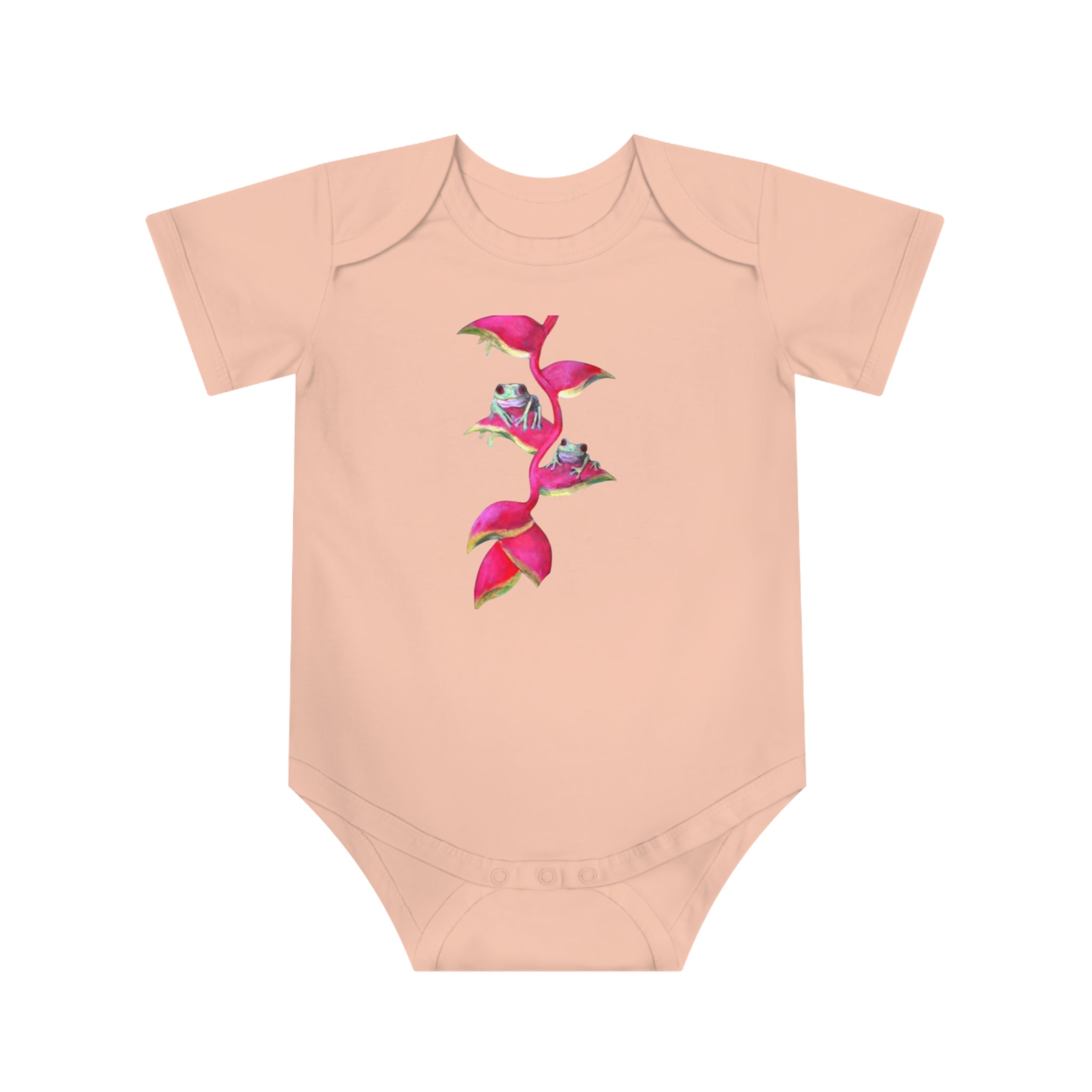 Cute Baby Bodysuit adorned with Tiny Tropical Frogs