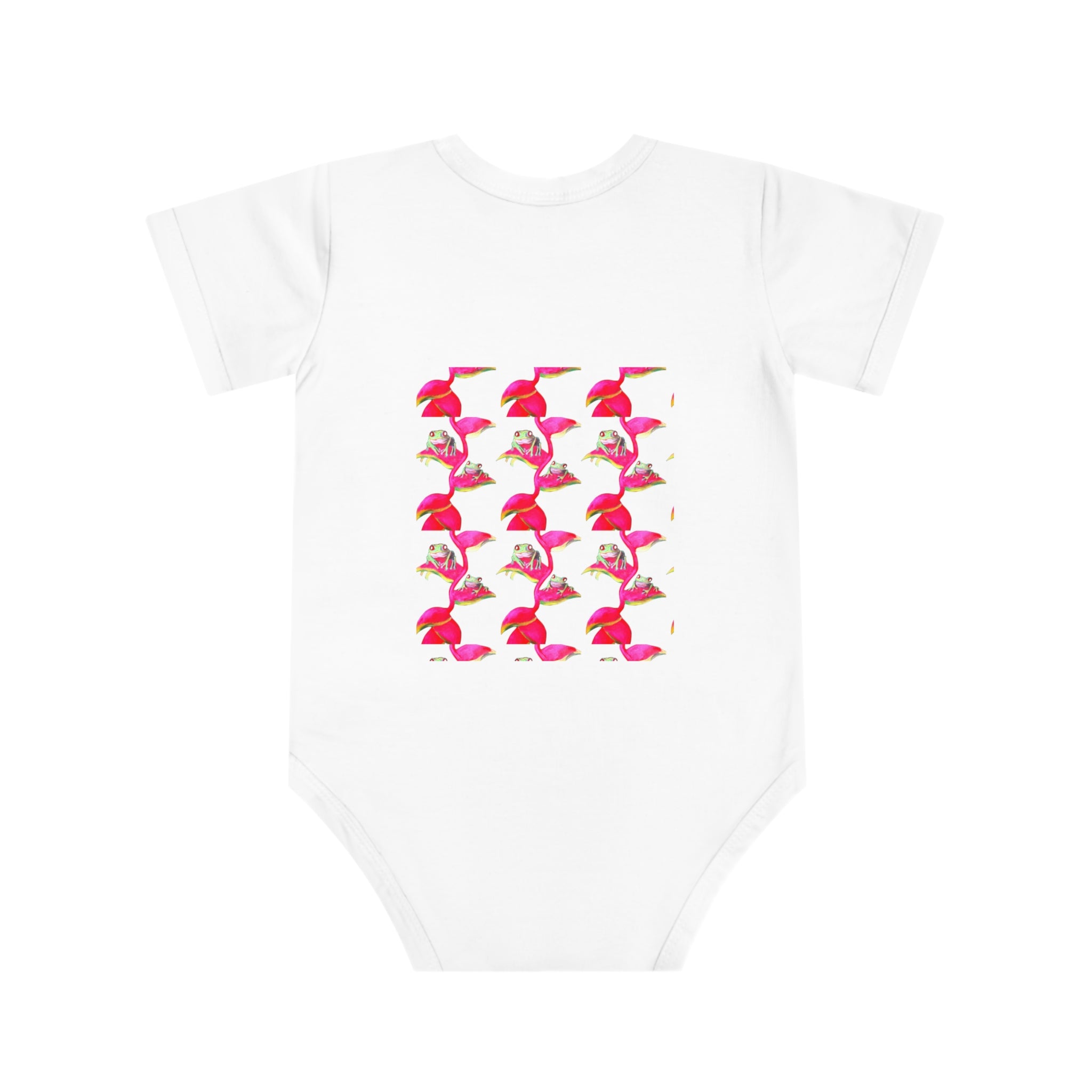 Cute Baby Bodysuit adorned with Tiny Tropical Frogs