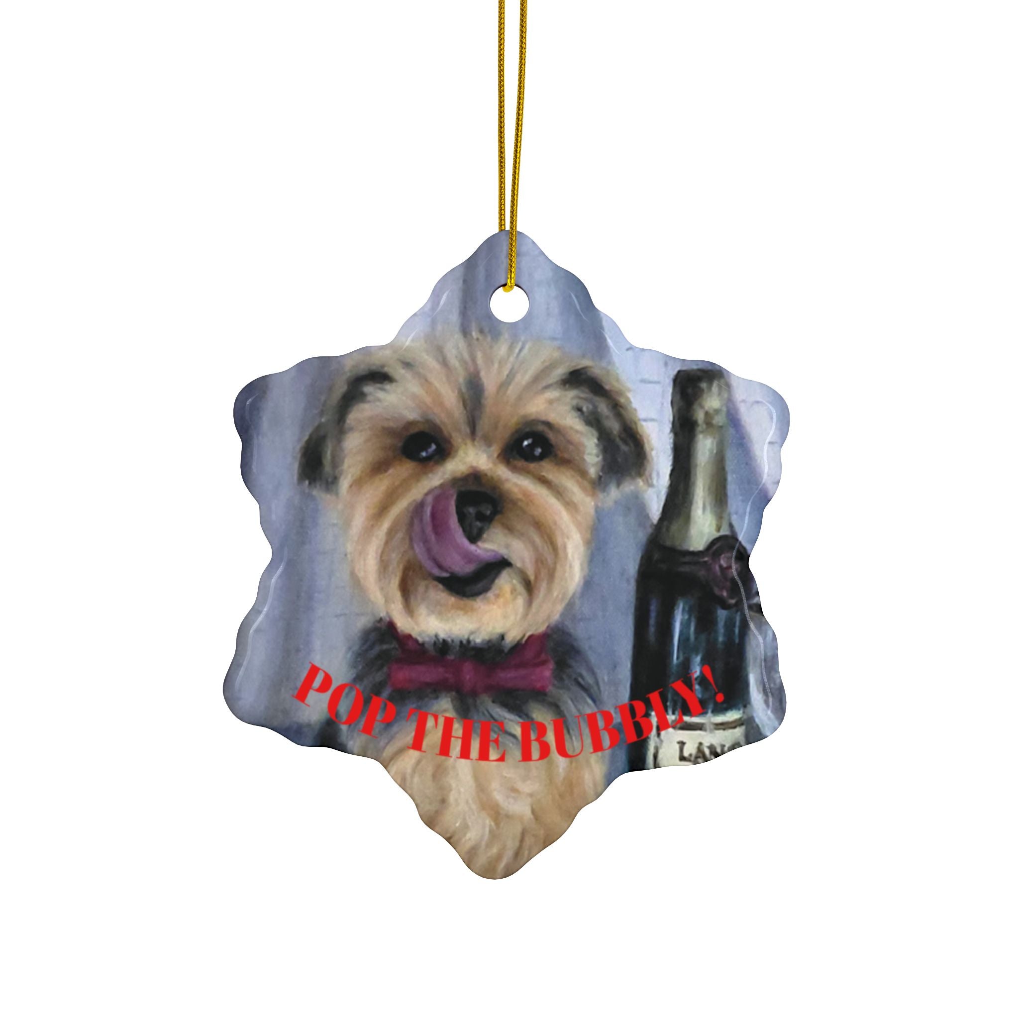 Yorkie 'Pop the Bubbly' Ceramic Ornament – Double-Sided New Year Dog Keepsake