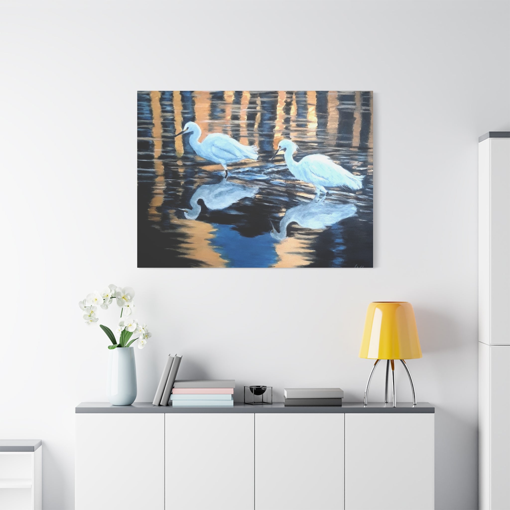Egrets Reflections at Dusk Painted by Studio Blitz Canvas Wall Decor