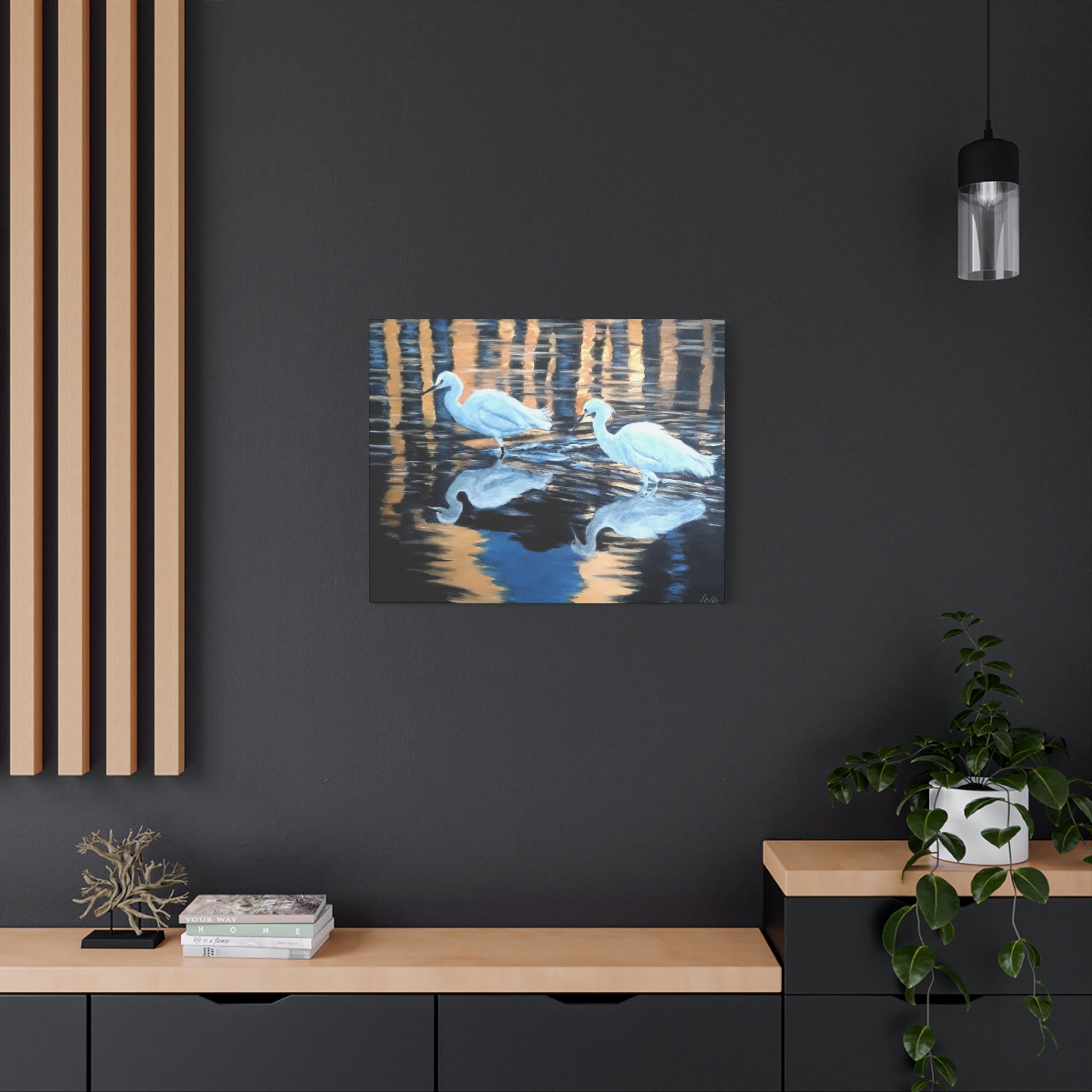 Egrets Reflections at Dusk Painted by Studio Blitz Canvas Wall Decor