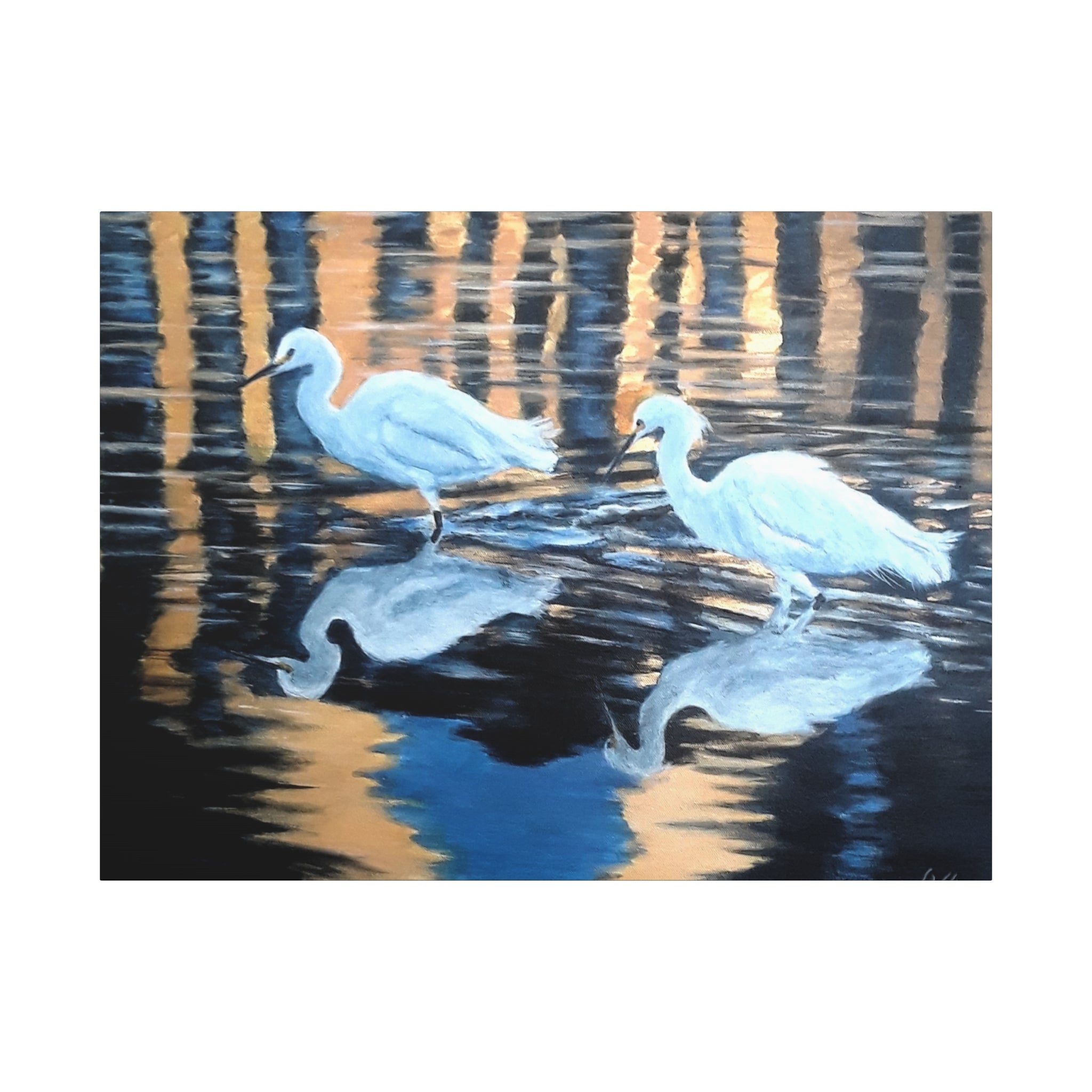 Egrets Reflections at Dusk Painted by Studio Blitz Canvas Wall Decor