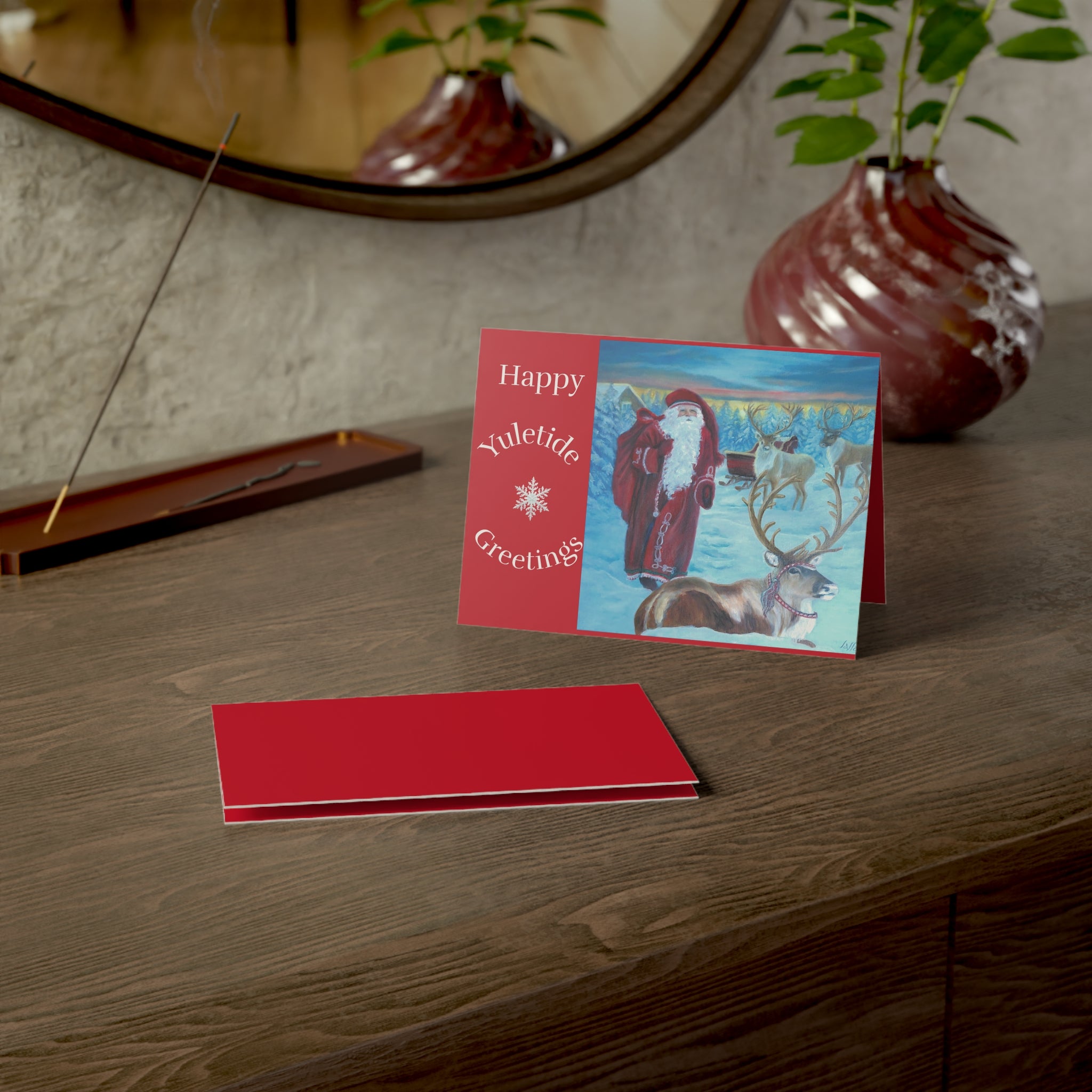 Christmas Cards - Vintage Santa and Reindeer at the North Pole hand painted by Studio Blitz