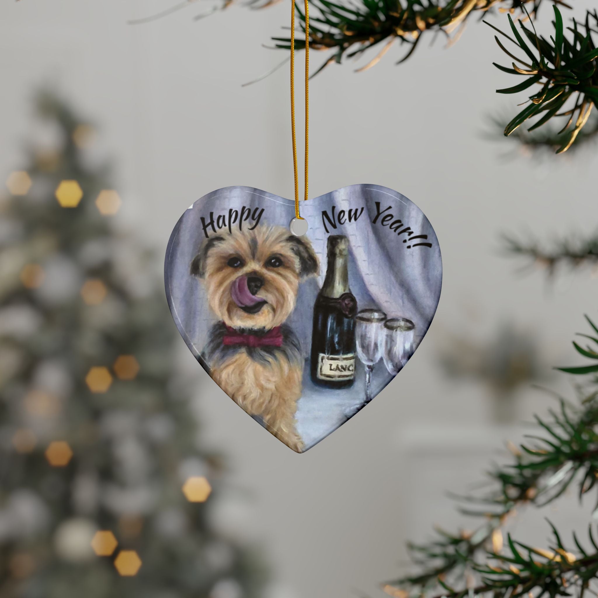 Yorkie 'Pop the Bubbly' Ceramic Ornament – Double-Sided New Year Dog Keepsake