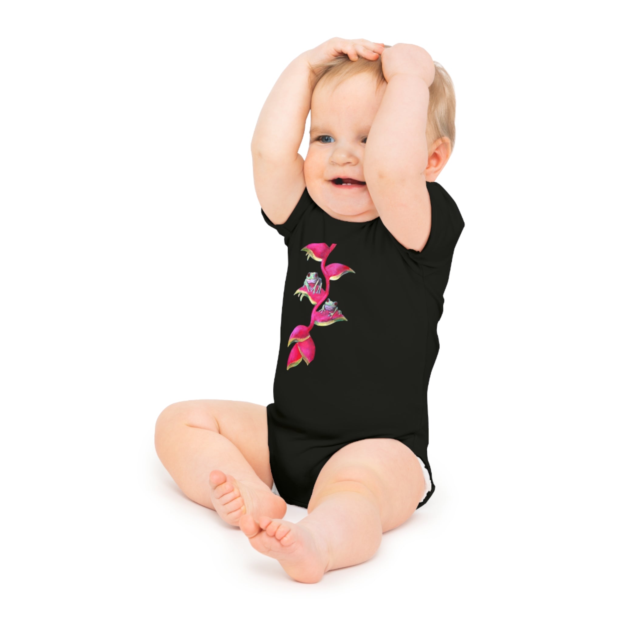 Cute Baby Bodysuit adorned with Tiny Tropical Frogs