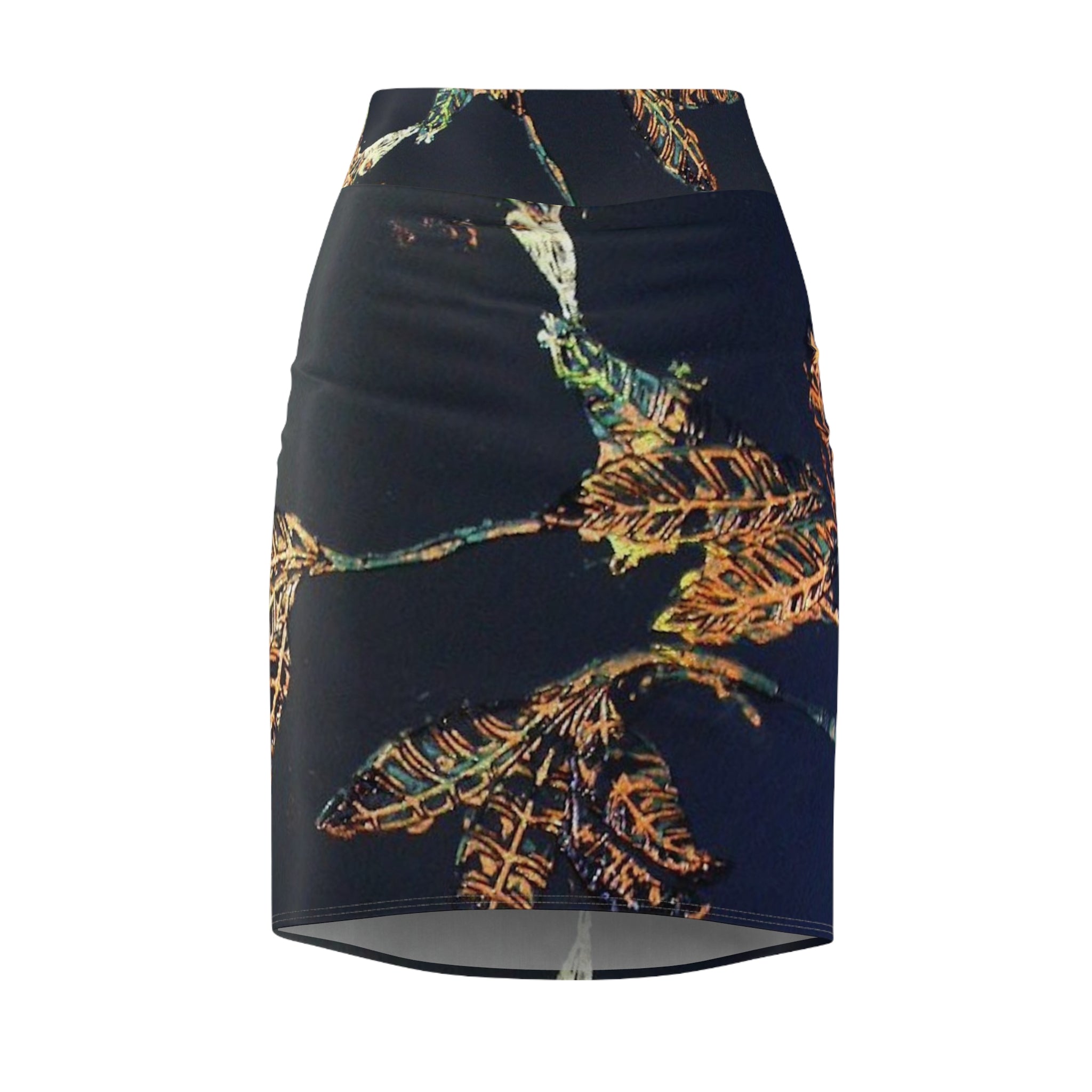 Chic Gold Leaf Print Pencil Skirt designed by Studio Blitz