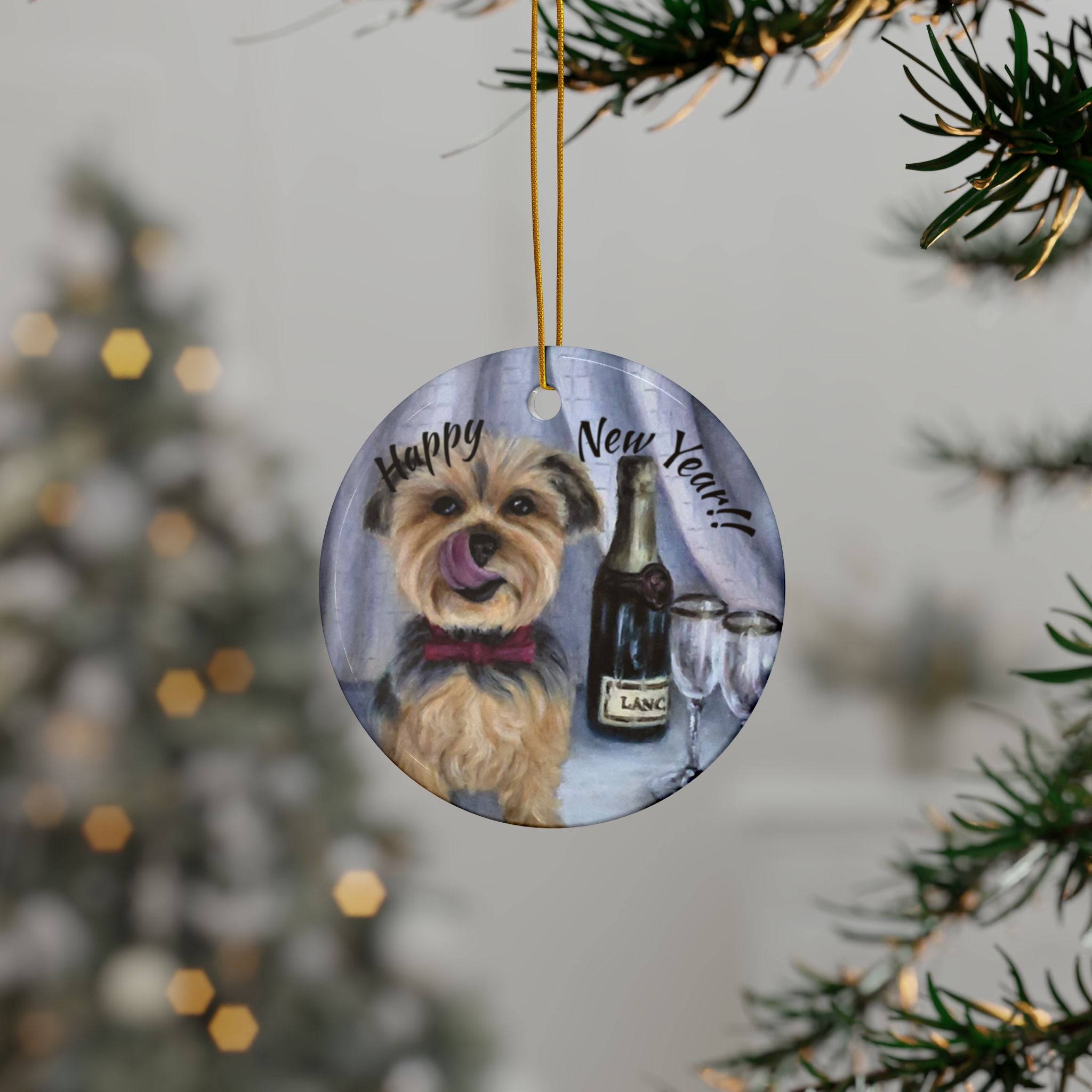 Yorkie 'Pop the Bubbly' Ceramic Ornament – Double-Sided New Year Dog Keepsake