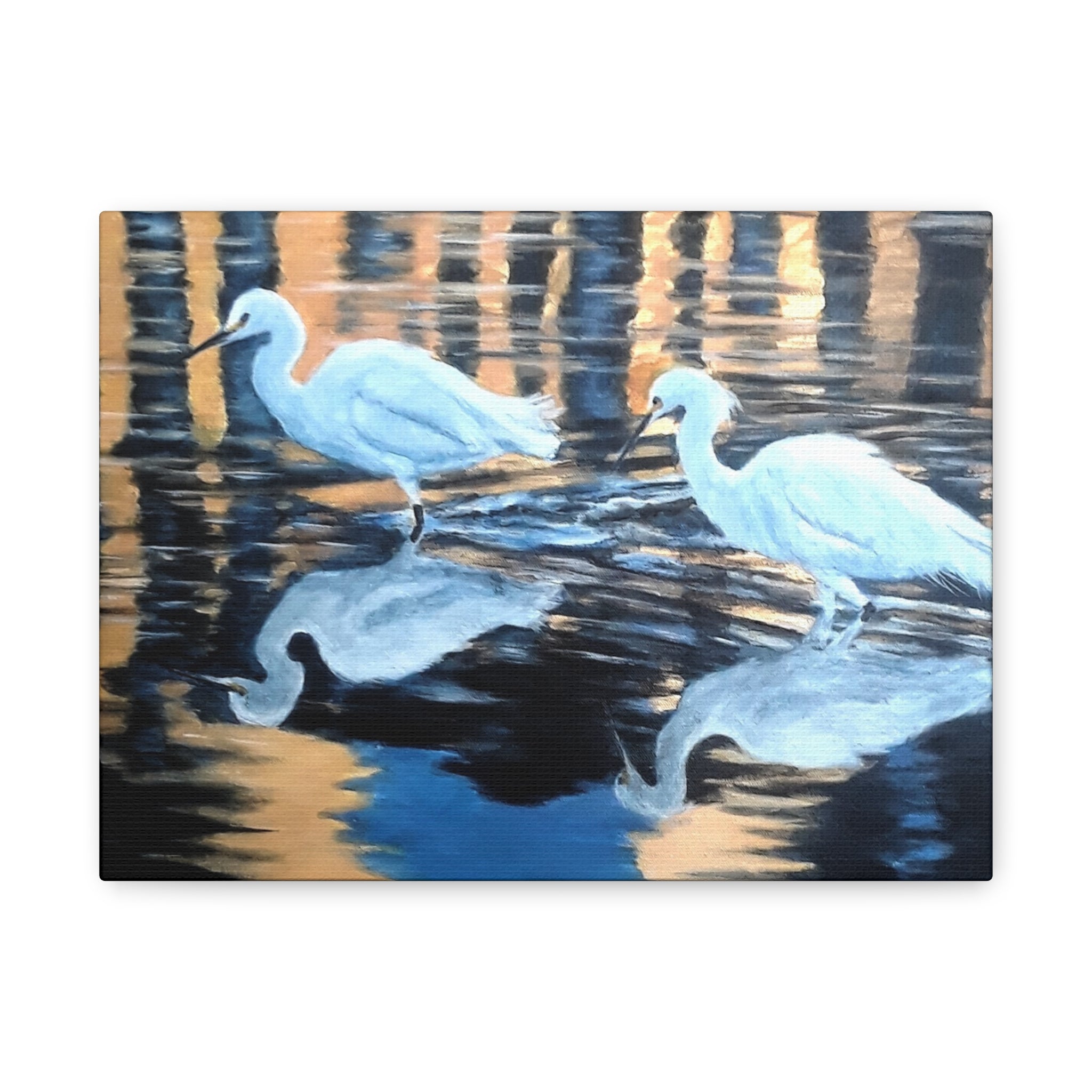 Egrets Reflections at Dusk Painted by Studio Blitz Canvas Wall Decor