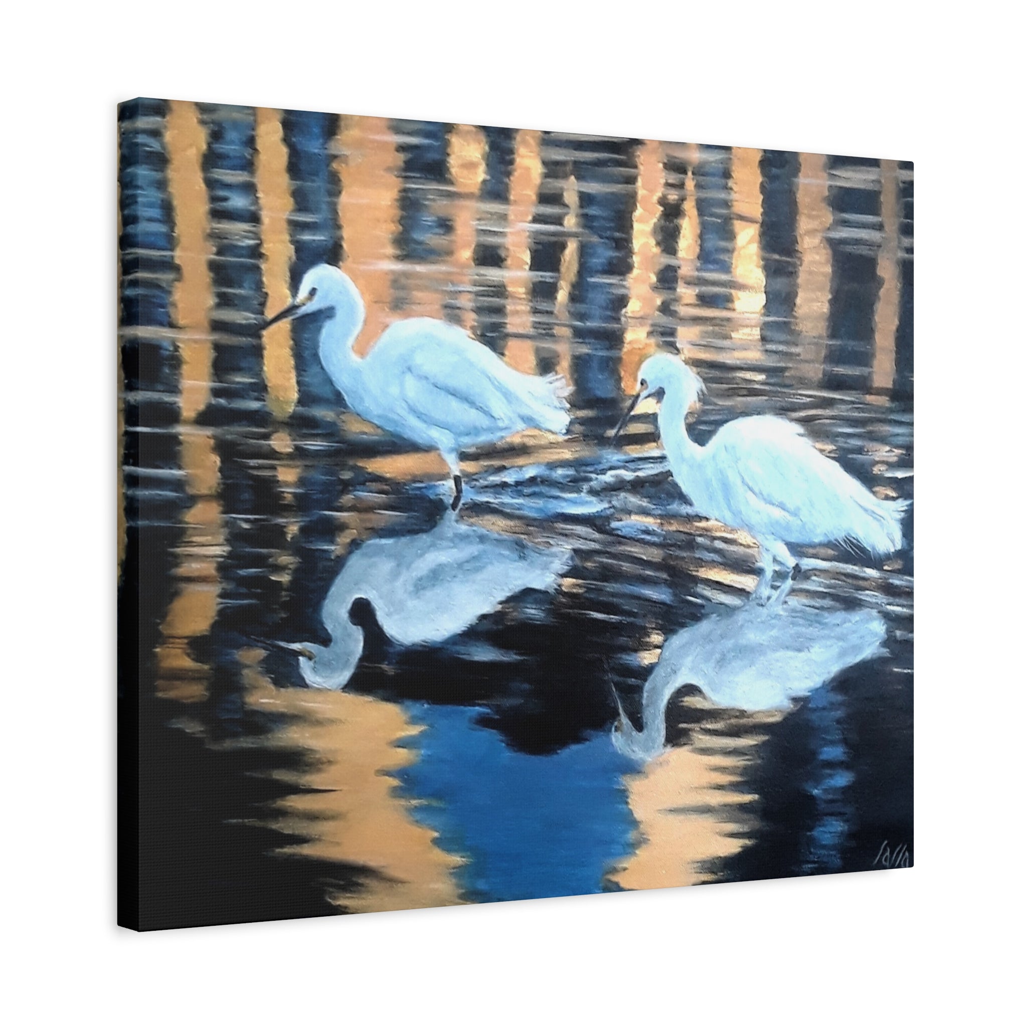 Egrets Reflections at Dusk Painted by Studio Blitz Canvas Wall Decor