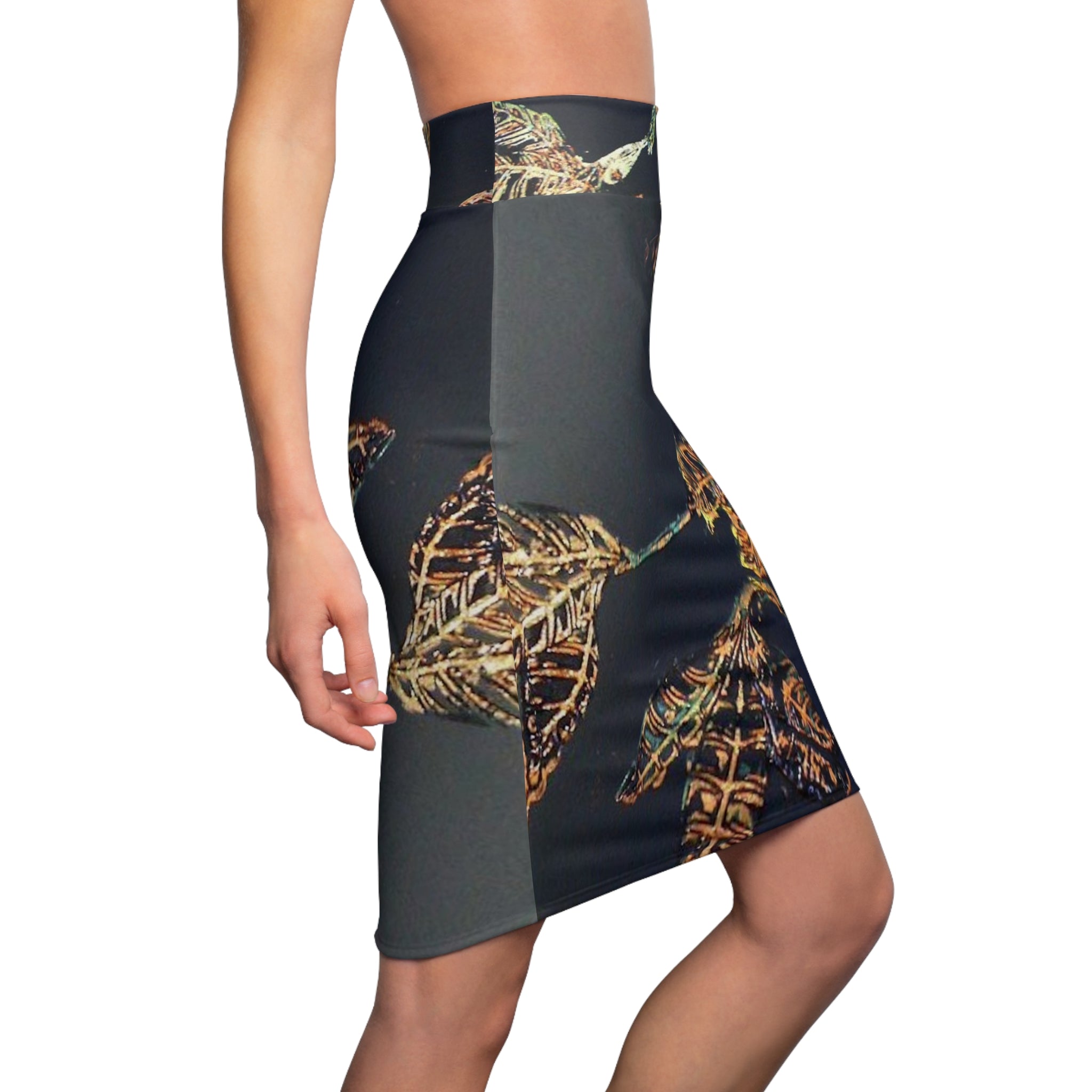 Chic Gold Leaf Print Pencil Skirt designed by Studio Blitz