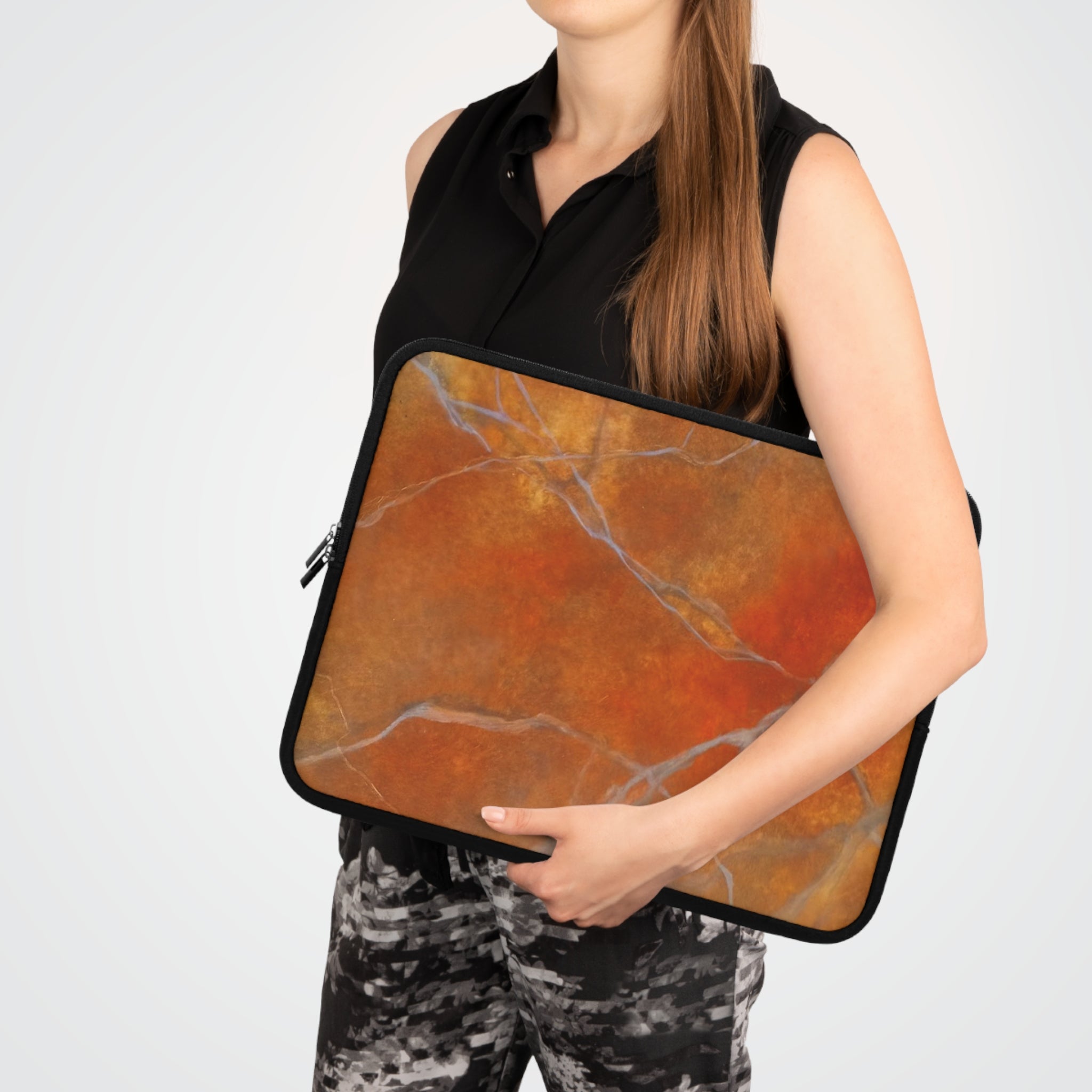 Stylish Laptop Sleeve in Red/Orange Modern Marble Design by Studio Blitz