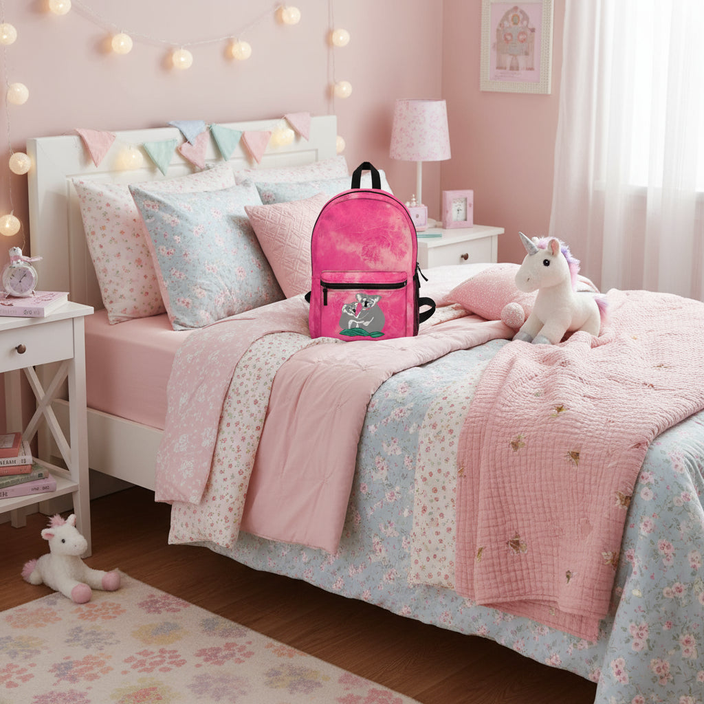 Pink backpack with a koala design on a pink and white bed