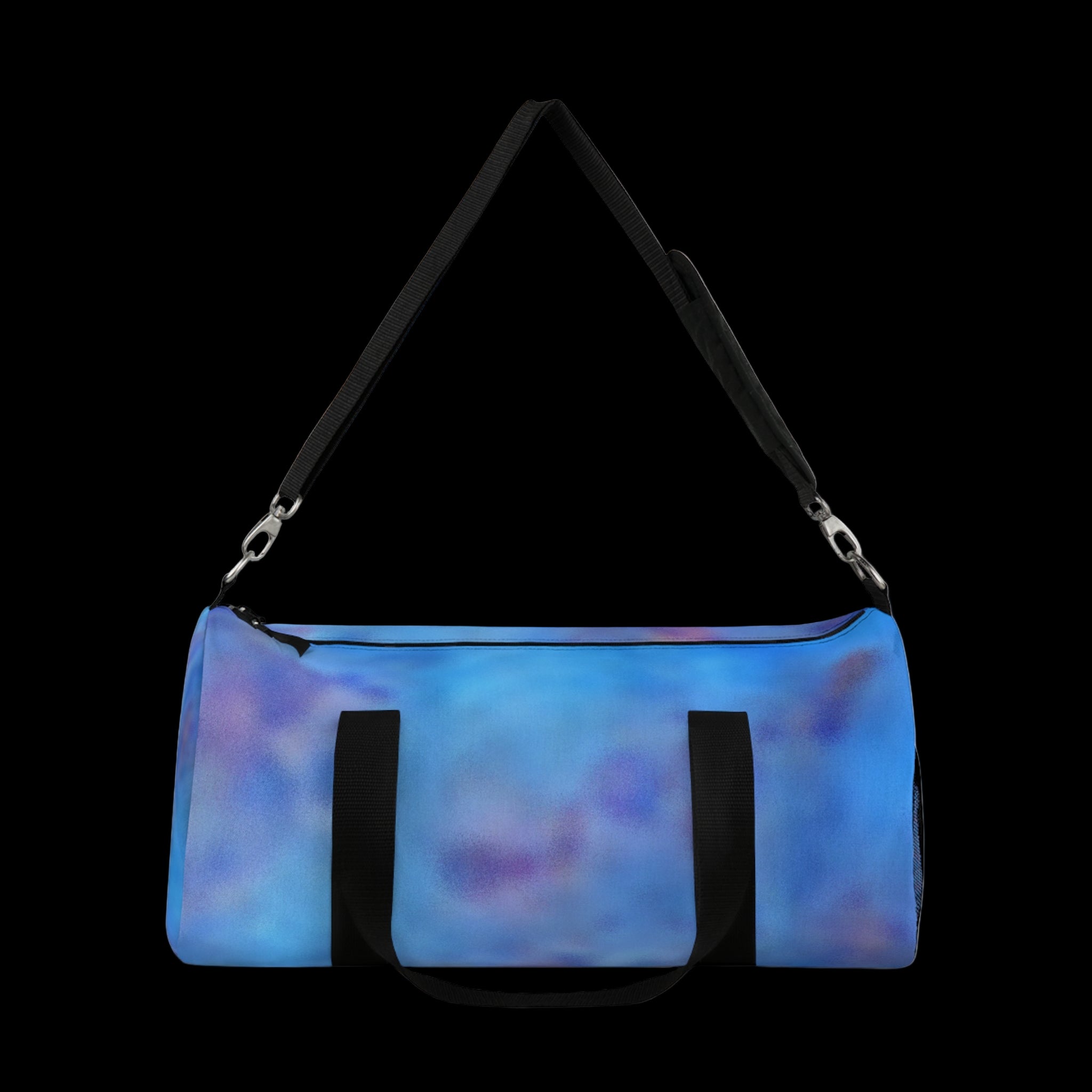 Blue and purple duffel bag with black straps on a white background