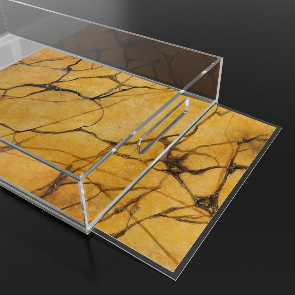 Coffee table with marble pattern and glass top on a dark background