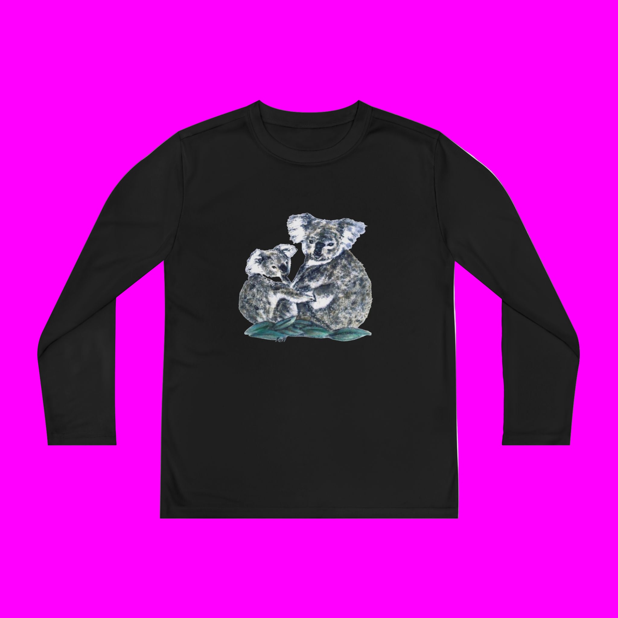 Black long-sleeve shirt with a graphic of two koalas on a pink background