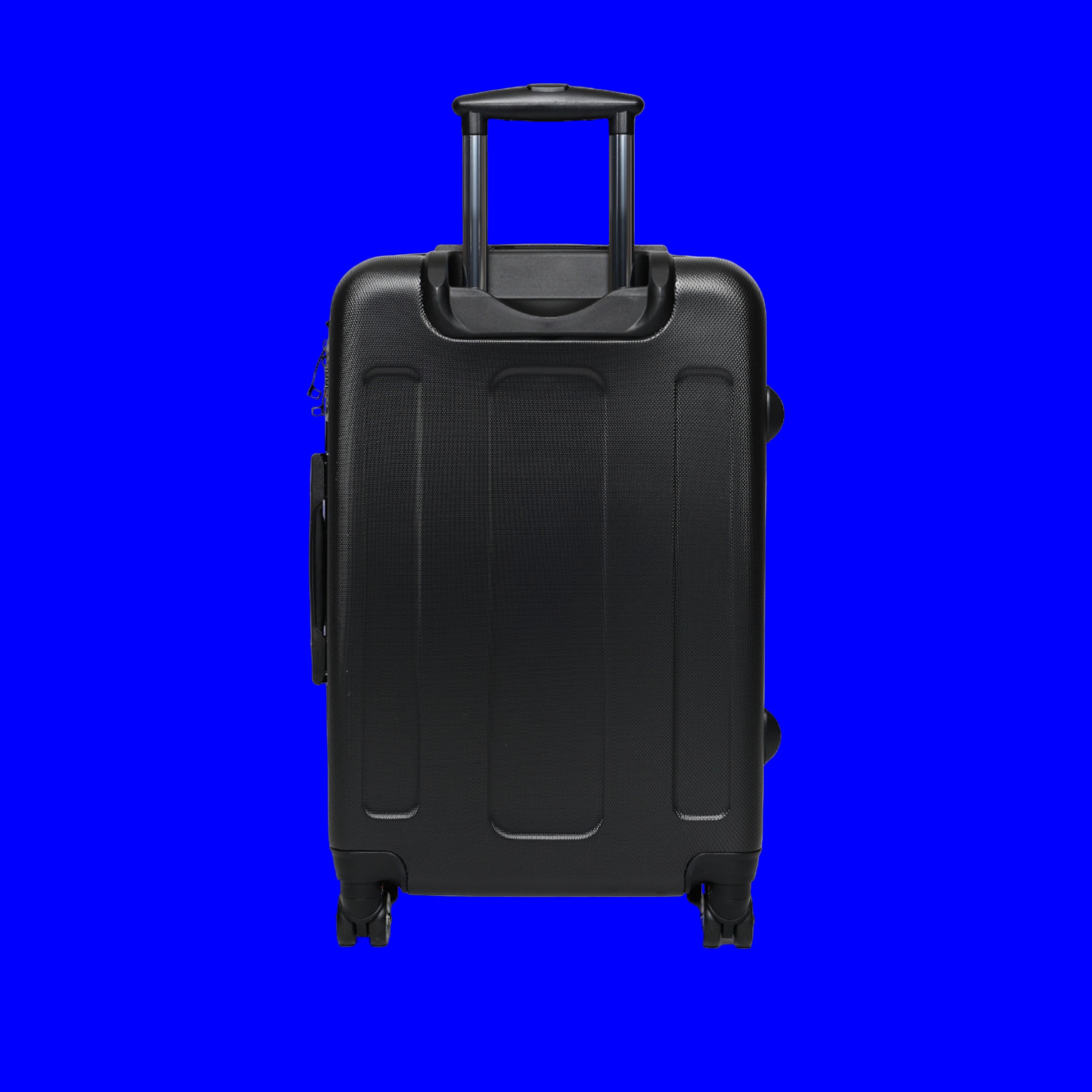Black back of suitcase on a blue background