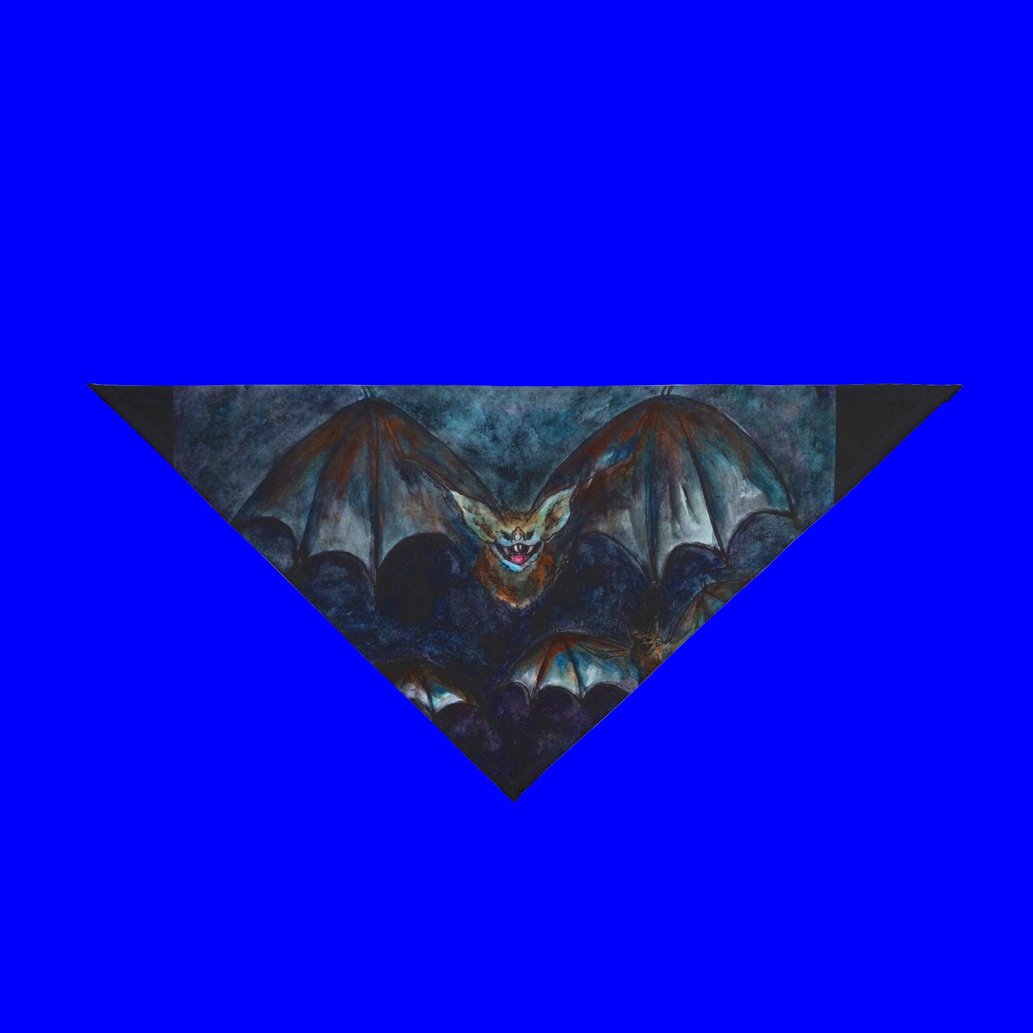 Triangular bandana with a bat design on a blue background