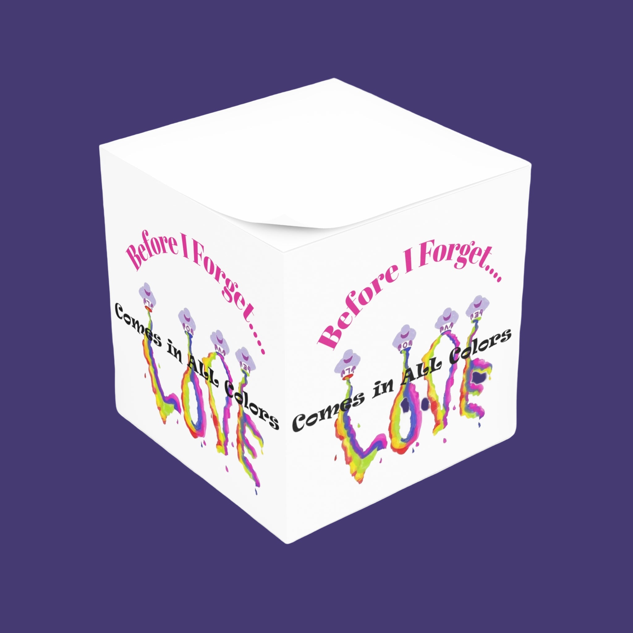 Colorful 'Before I Forget Comes in All Colors Comes in All Colors' design on a purple background