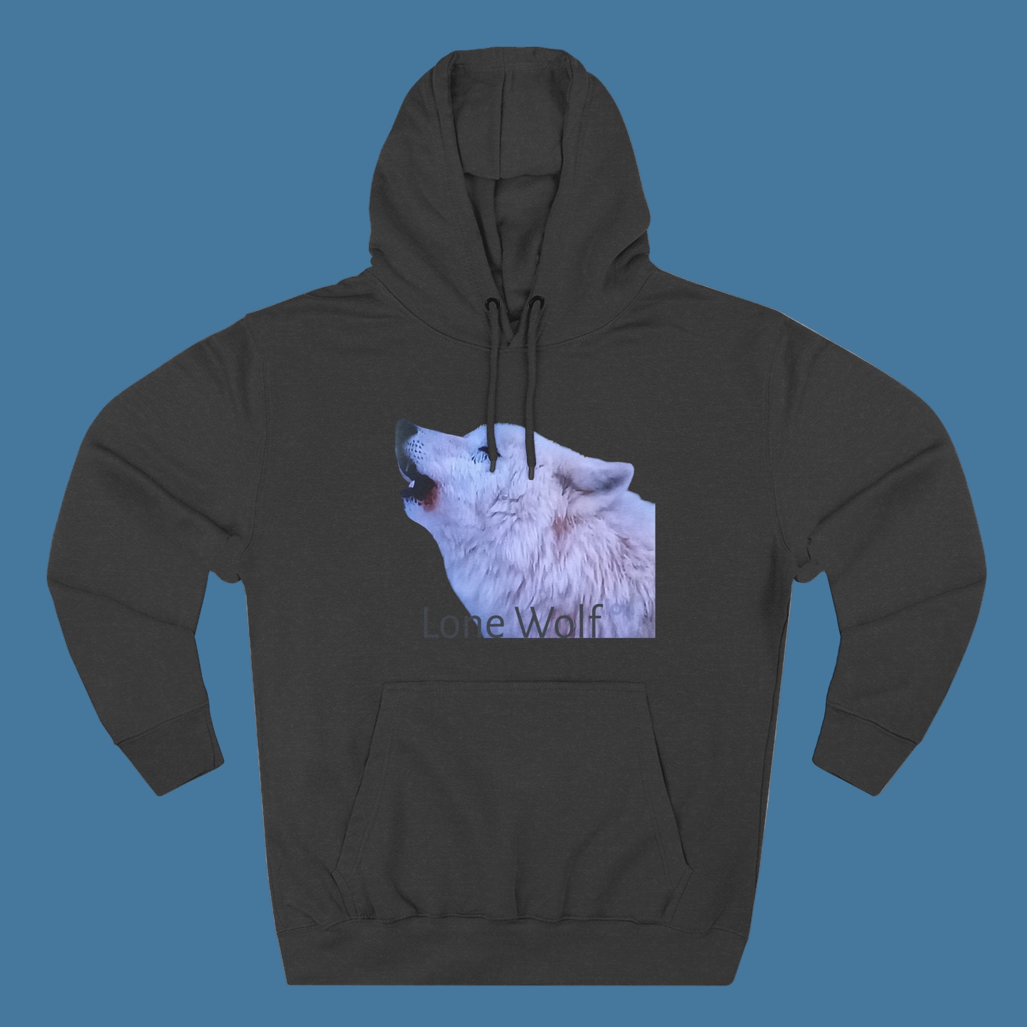 Black hoodie with a wolf graphic and 'Love Wolf' text on a blue background