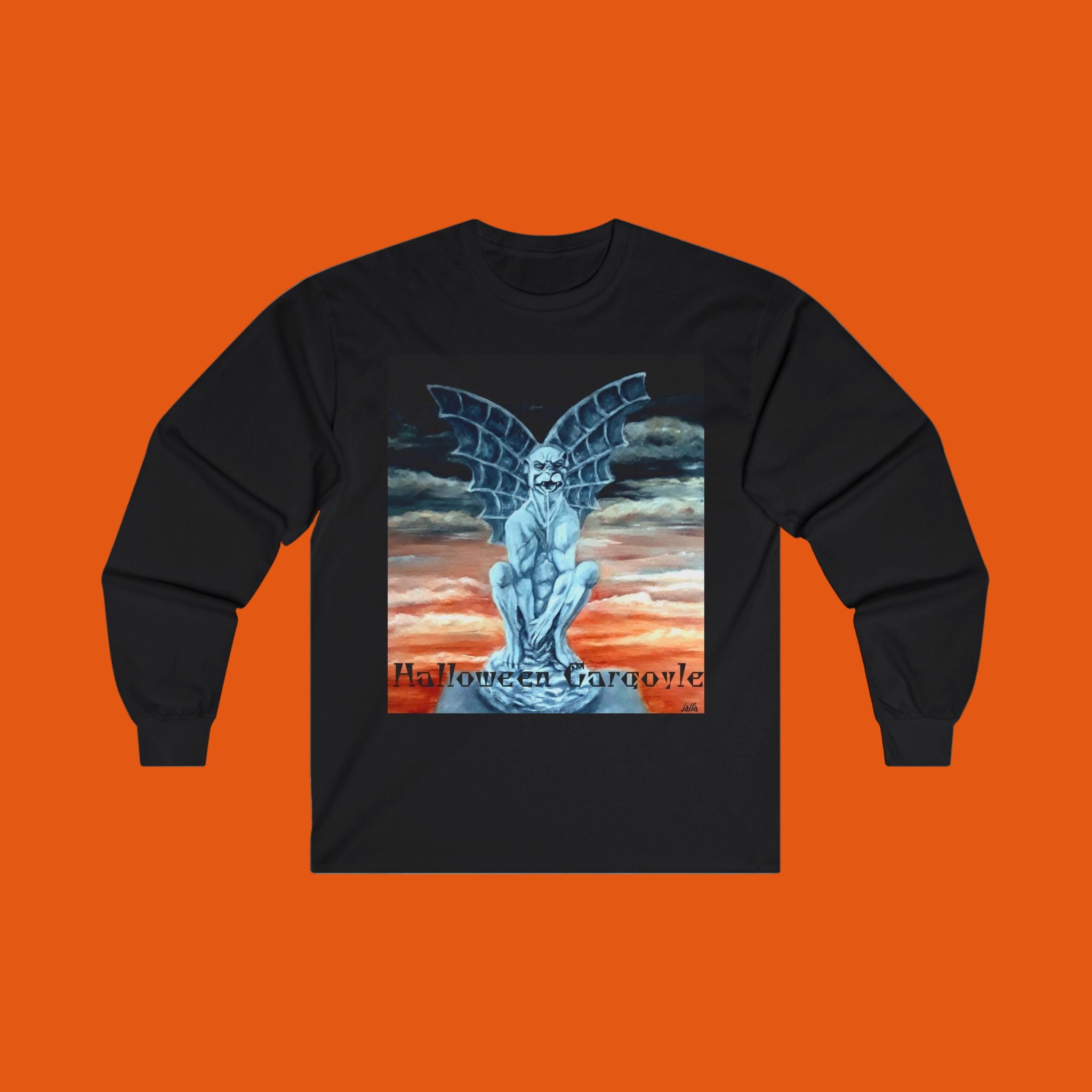 Black long-sleeve shirt with a graphic design of a gargoyle on an orange background