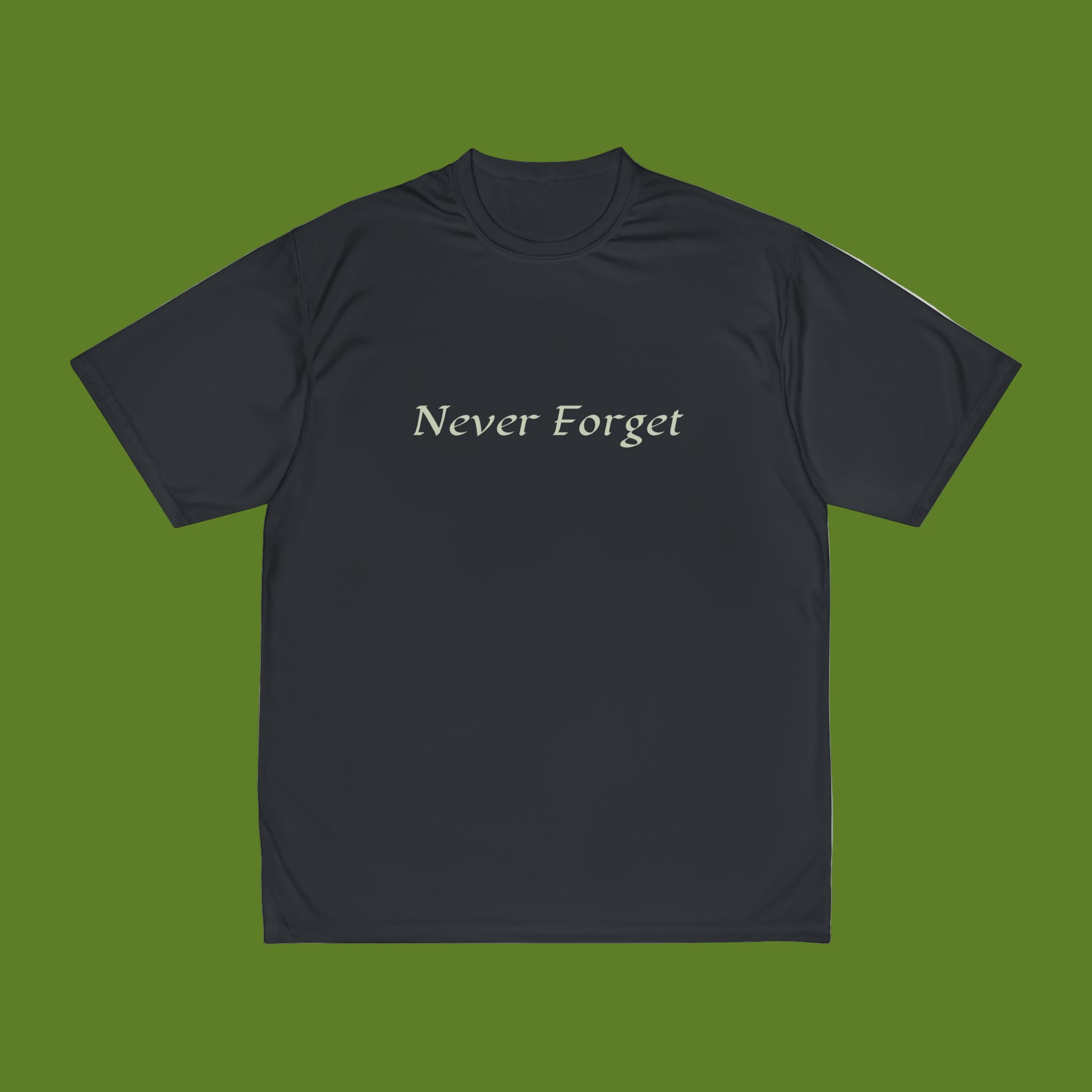 Black t-shirt with 'Never Forget' text on a green background
