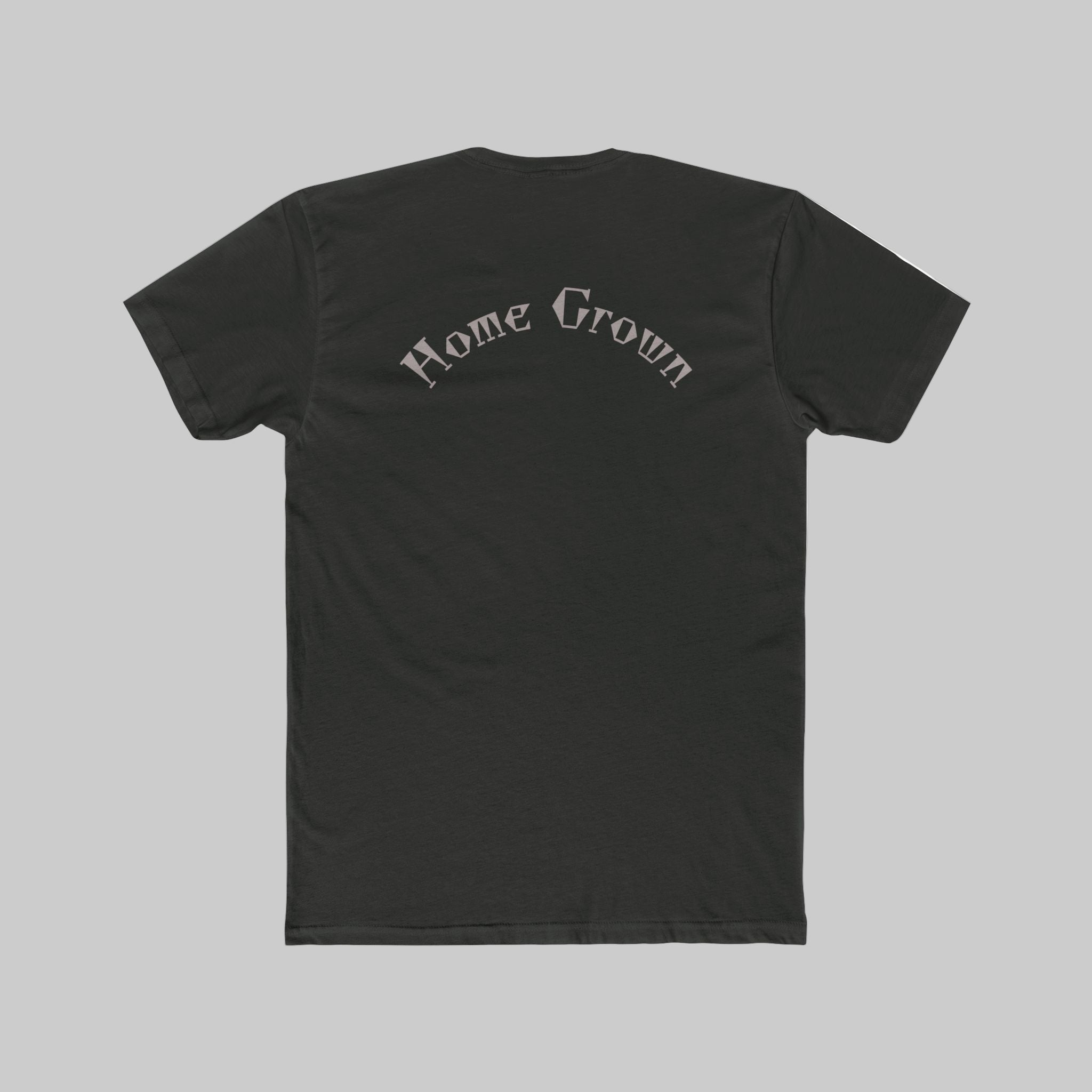 Black t-shirt with 'Home Grown' text on the back against a light background