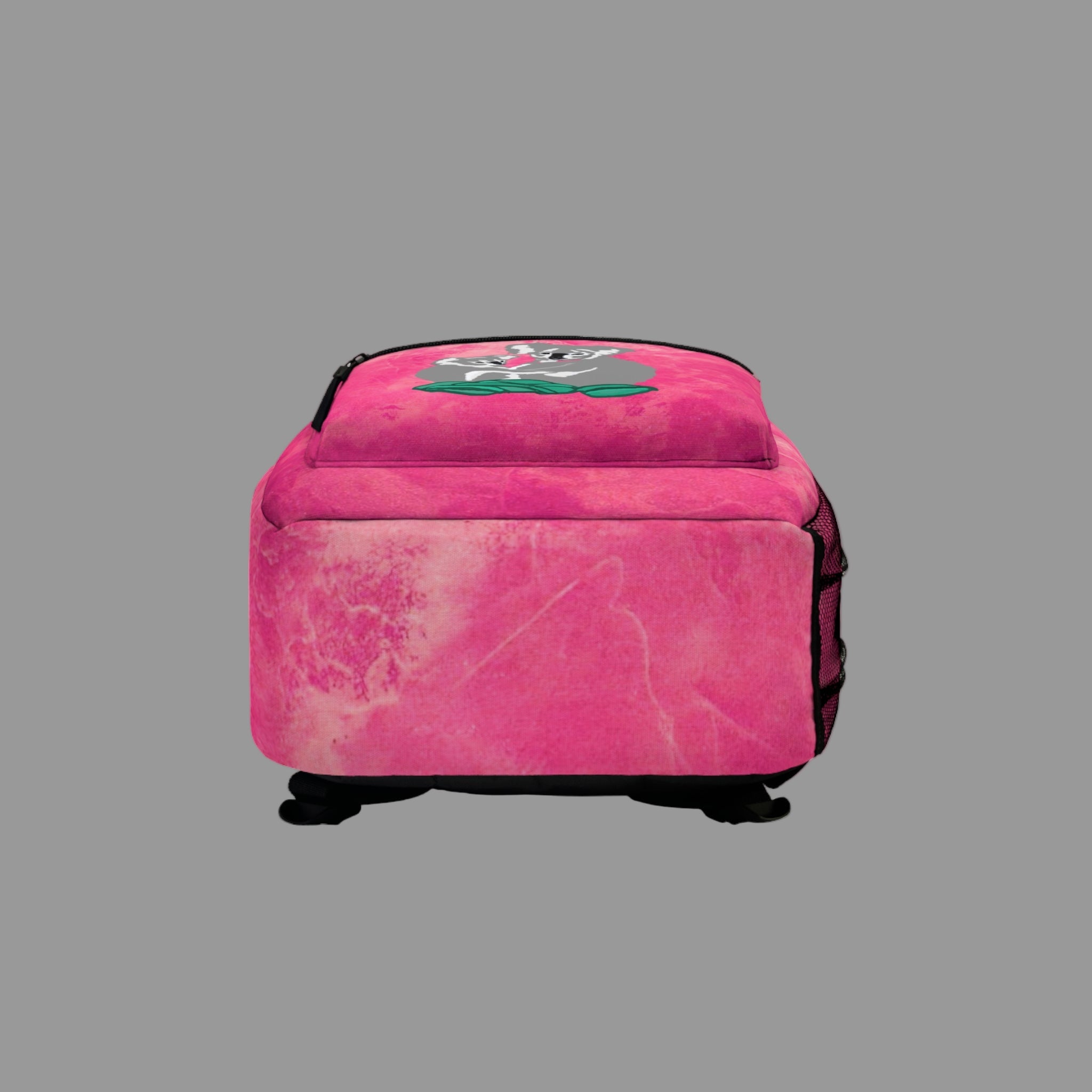 Abstract Pink Backpack with a koalas front pocket on a light gray background