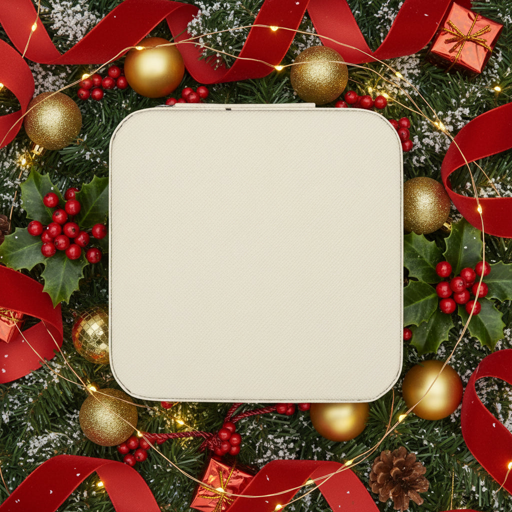 Jewelry case bottom view with Christmasy backdrop