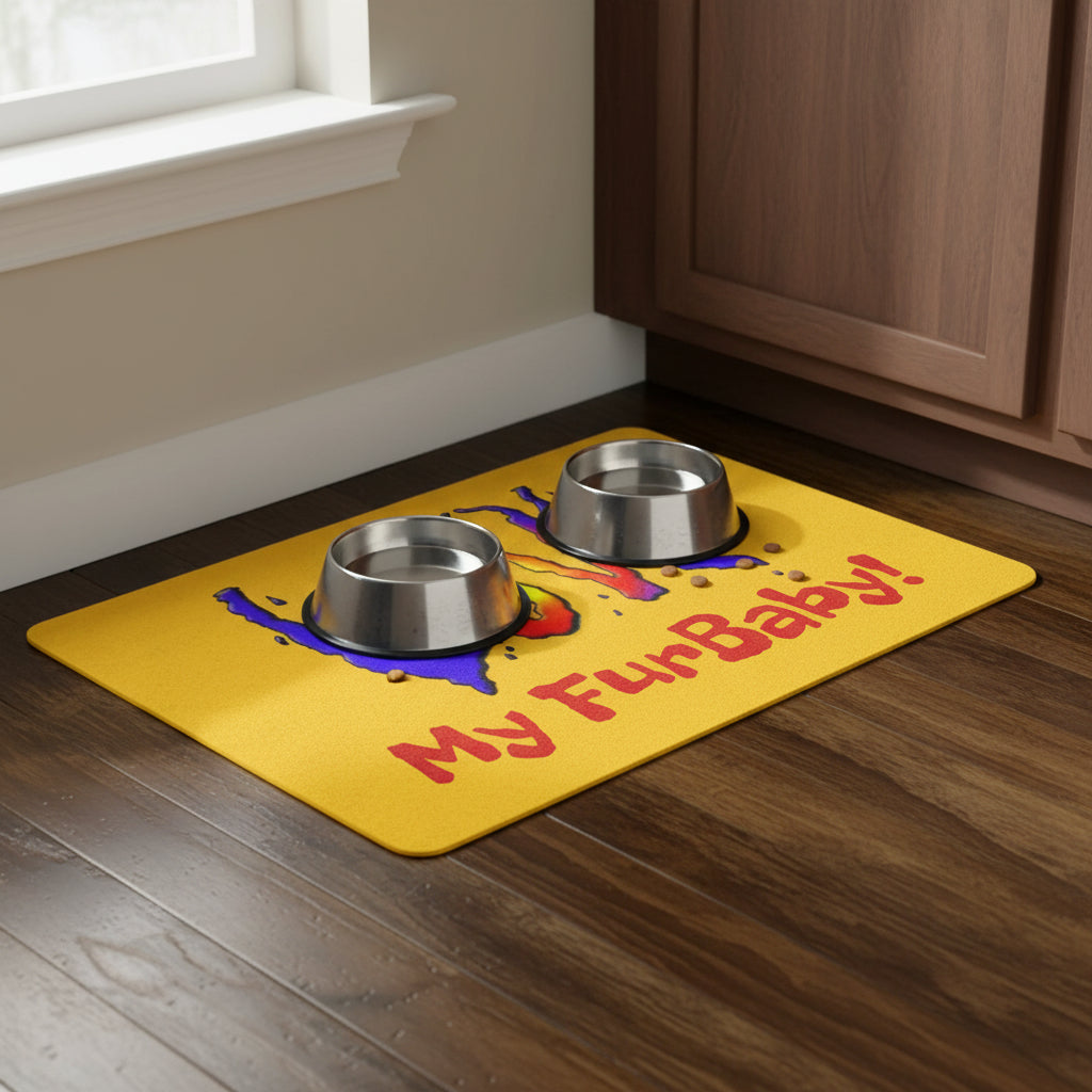 Yellow mat with colorful 'LOVE My FurBaby!' text on a white background