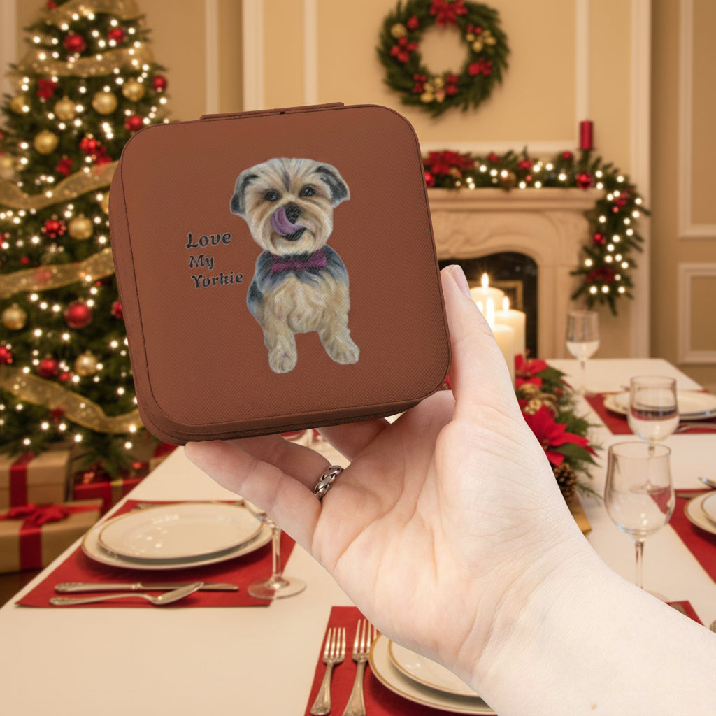 Brown Jewelry Case held in front of a Christmas decorated dining room