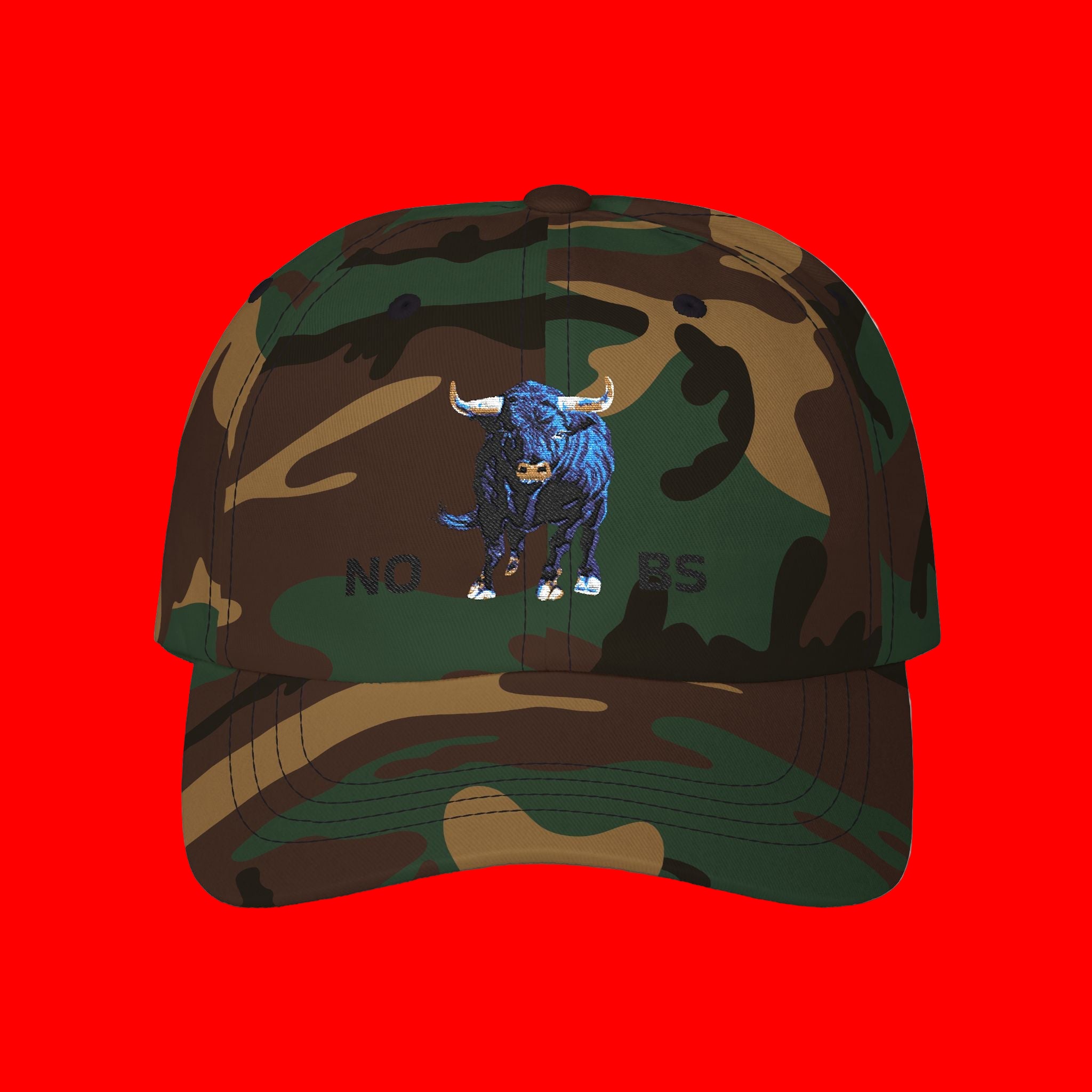 Camouflage cap with a blue bull graphic and 'NO BS' text on a white background