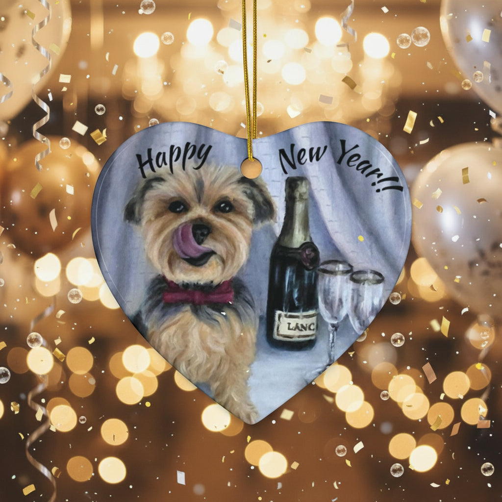 Heart-shaped ornament with a Yorkie and champagne bottle design, featuring 'Happy New Year' text.