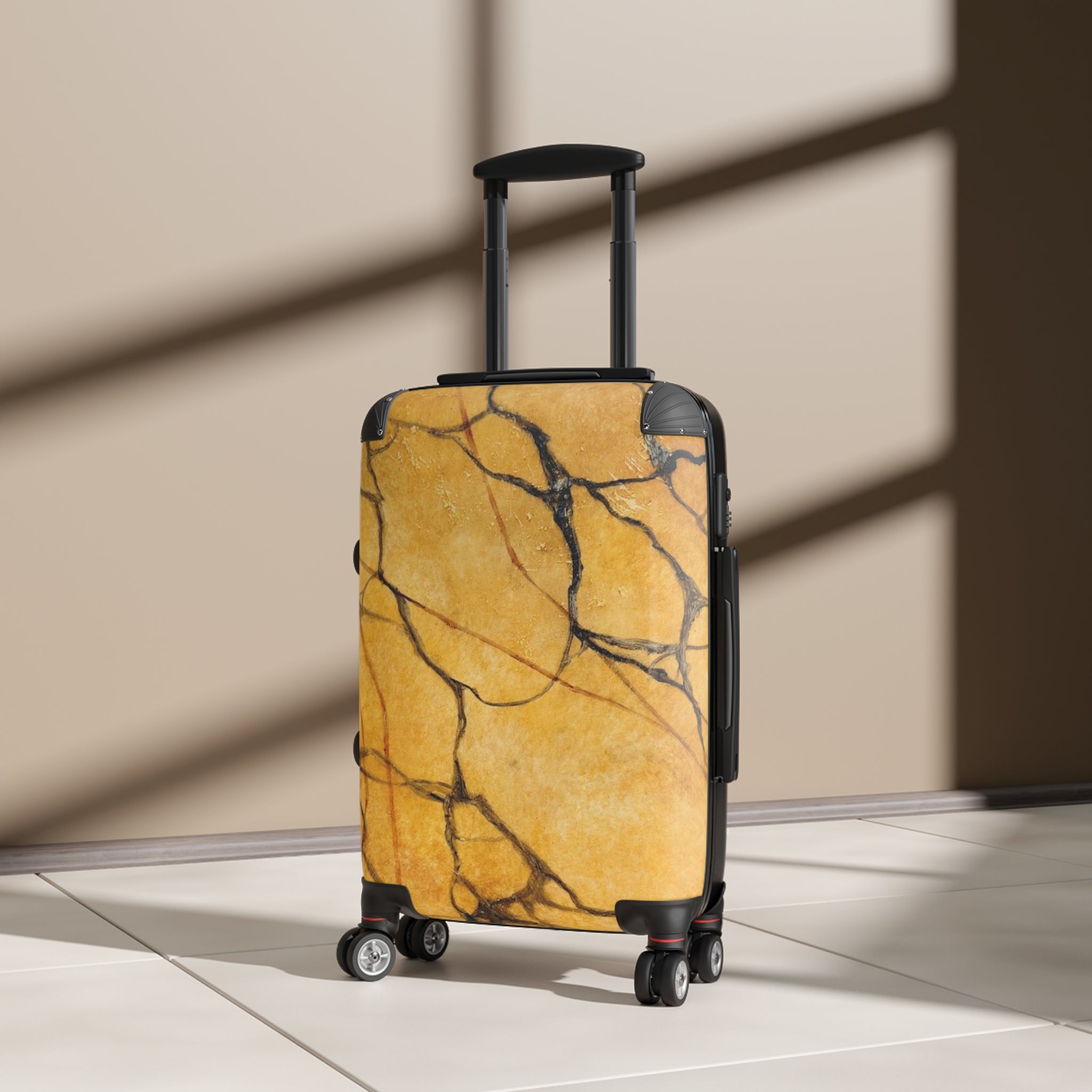 Marble-patterned suitcase on a neutral background