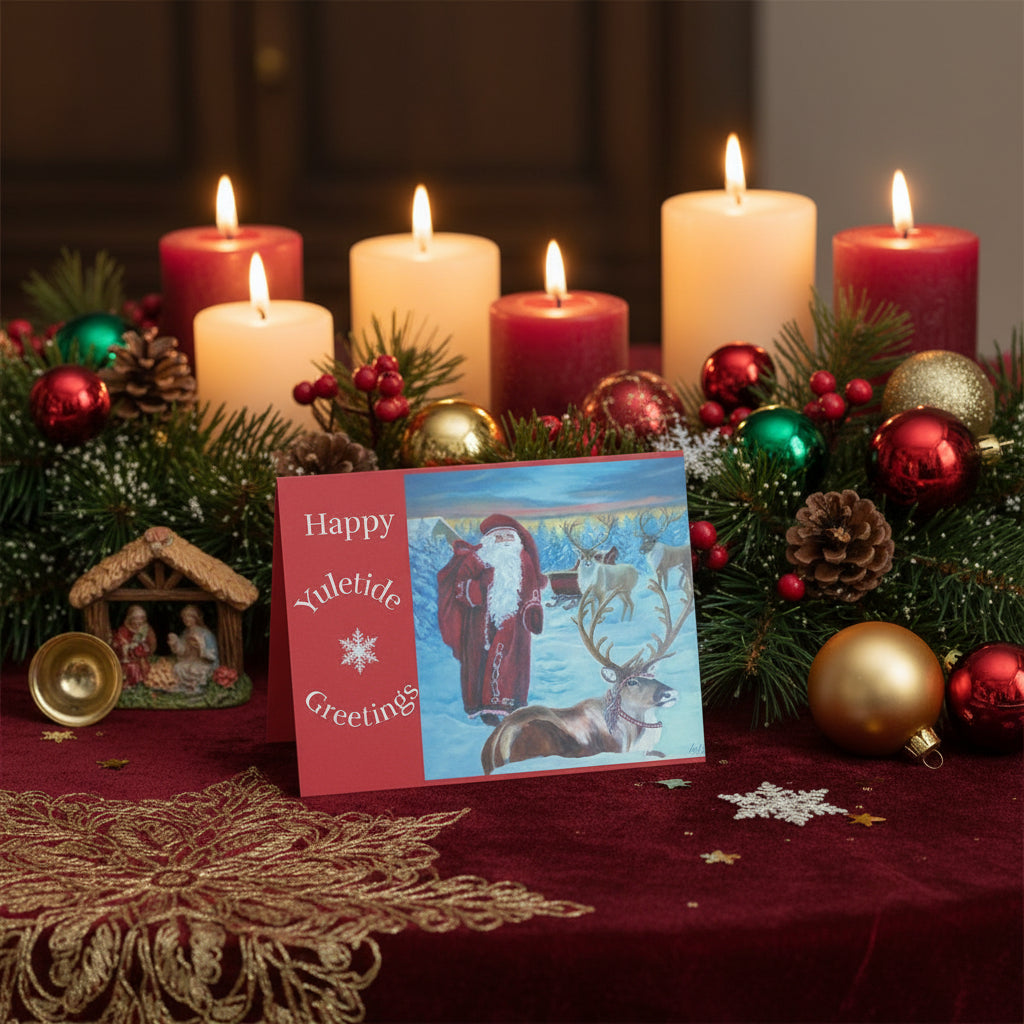 Christmas card with Santa Claus and reindeer in a snowy scene, featuring 'Happy Yuletide Greetings' text.